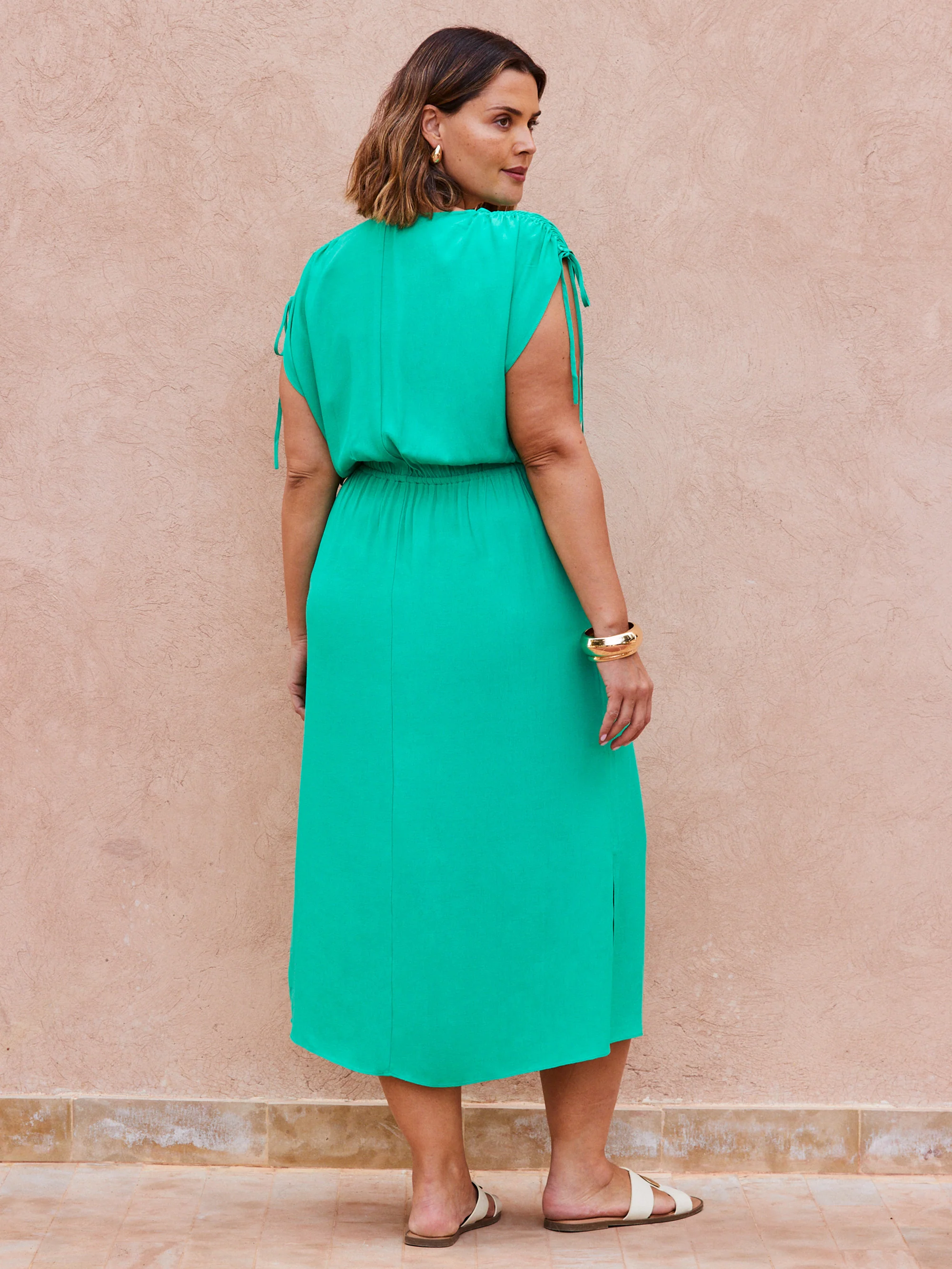 Green Gathered Sleeve Midi Dress - Image 4
