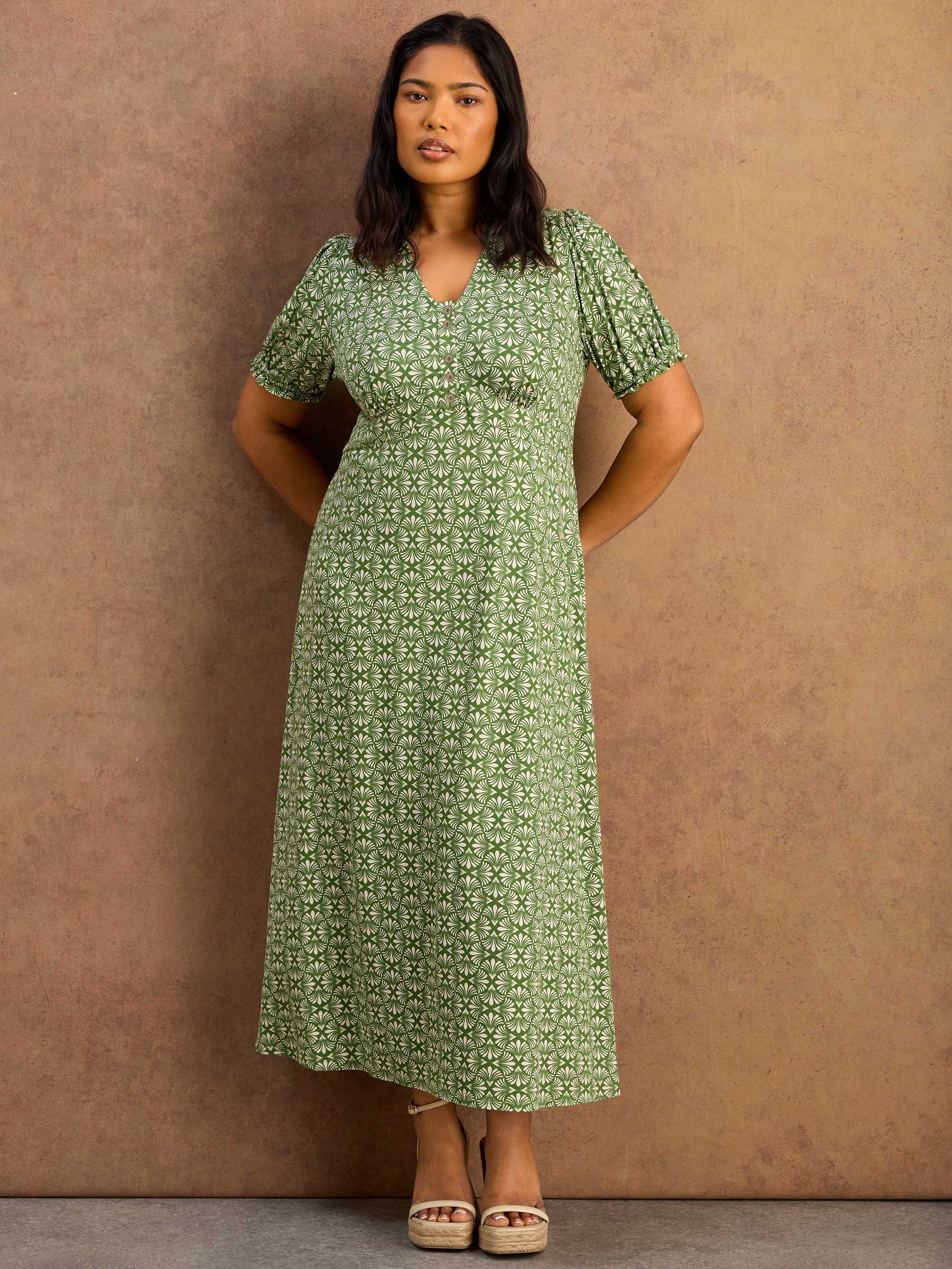 Green Geo Print Jersey Midaxi Dress - Image 6