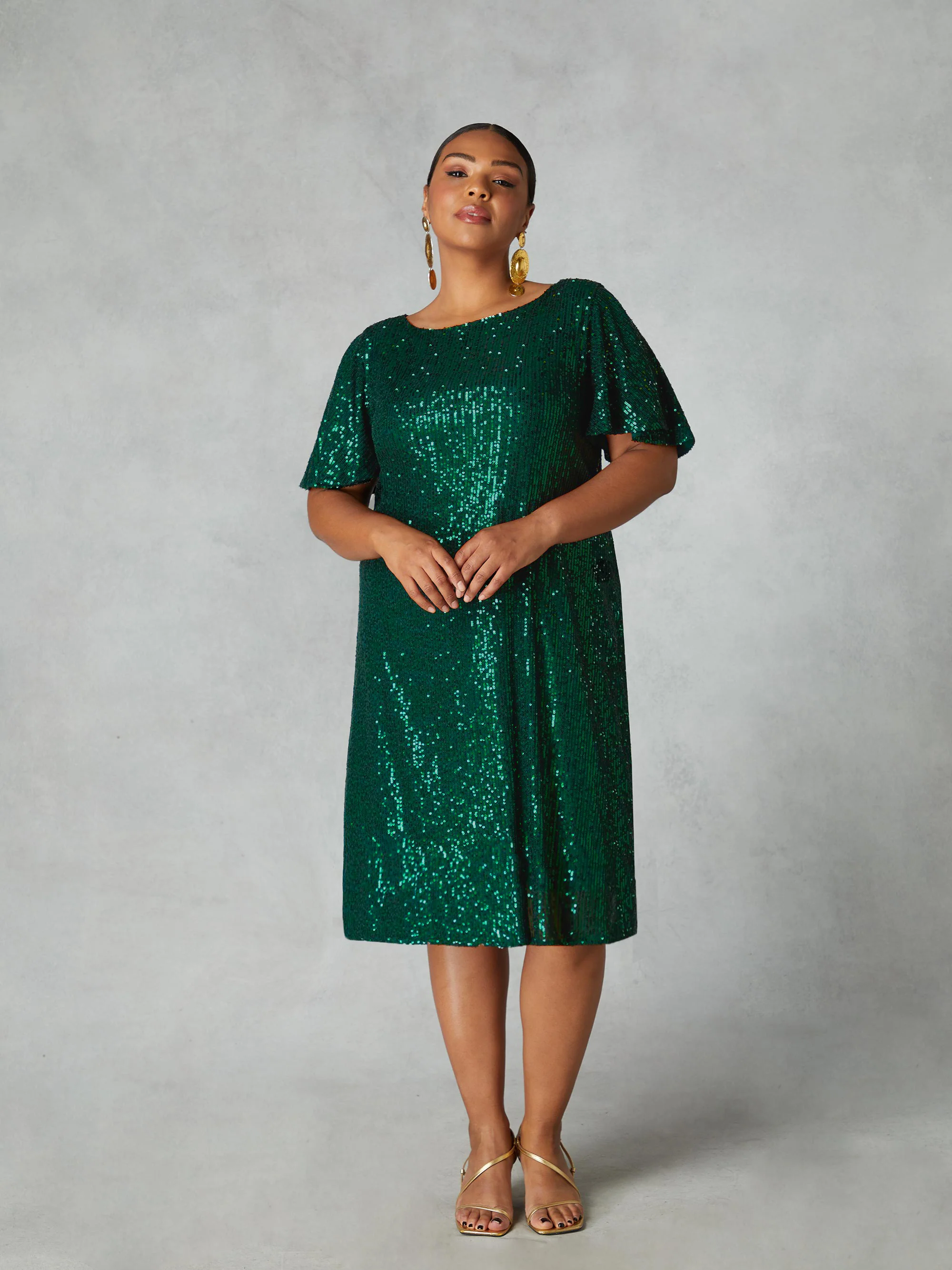 Green Sequin Flutter Sleeve Dress - Image 3