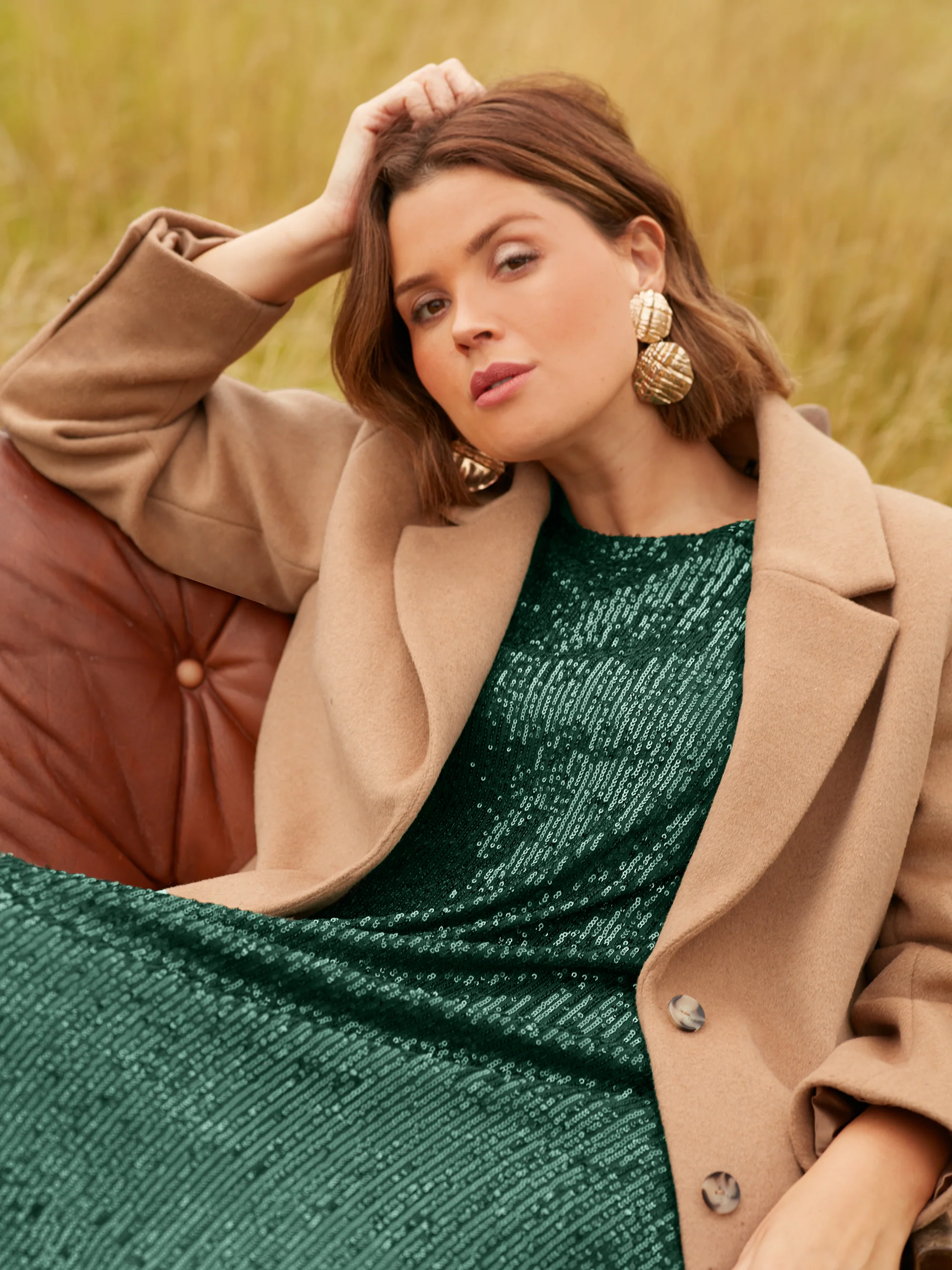 Green Sequin Flutter Sleeve Dress - Image 6