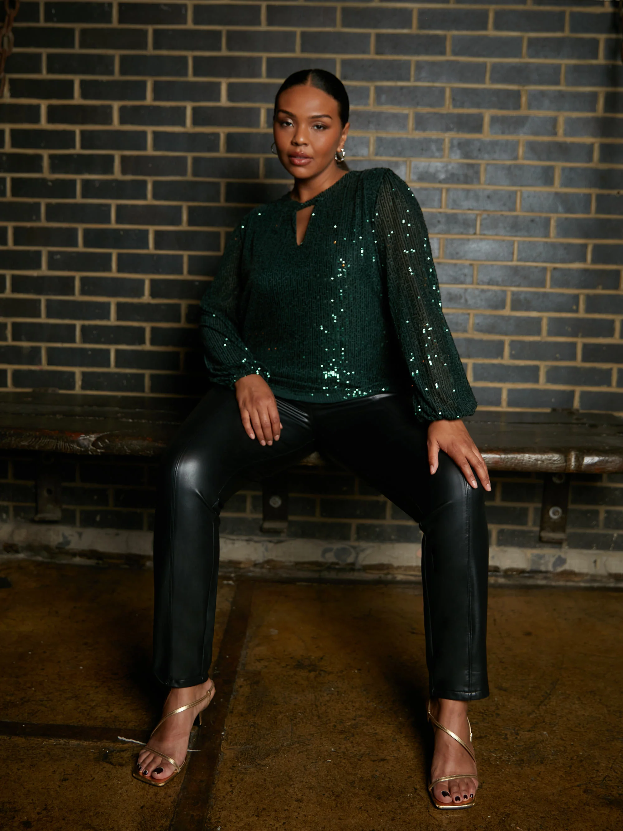 Green Sequin Keyhole Front Blouse - Image 4