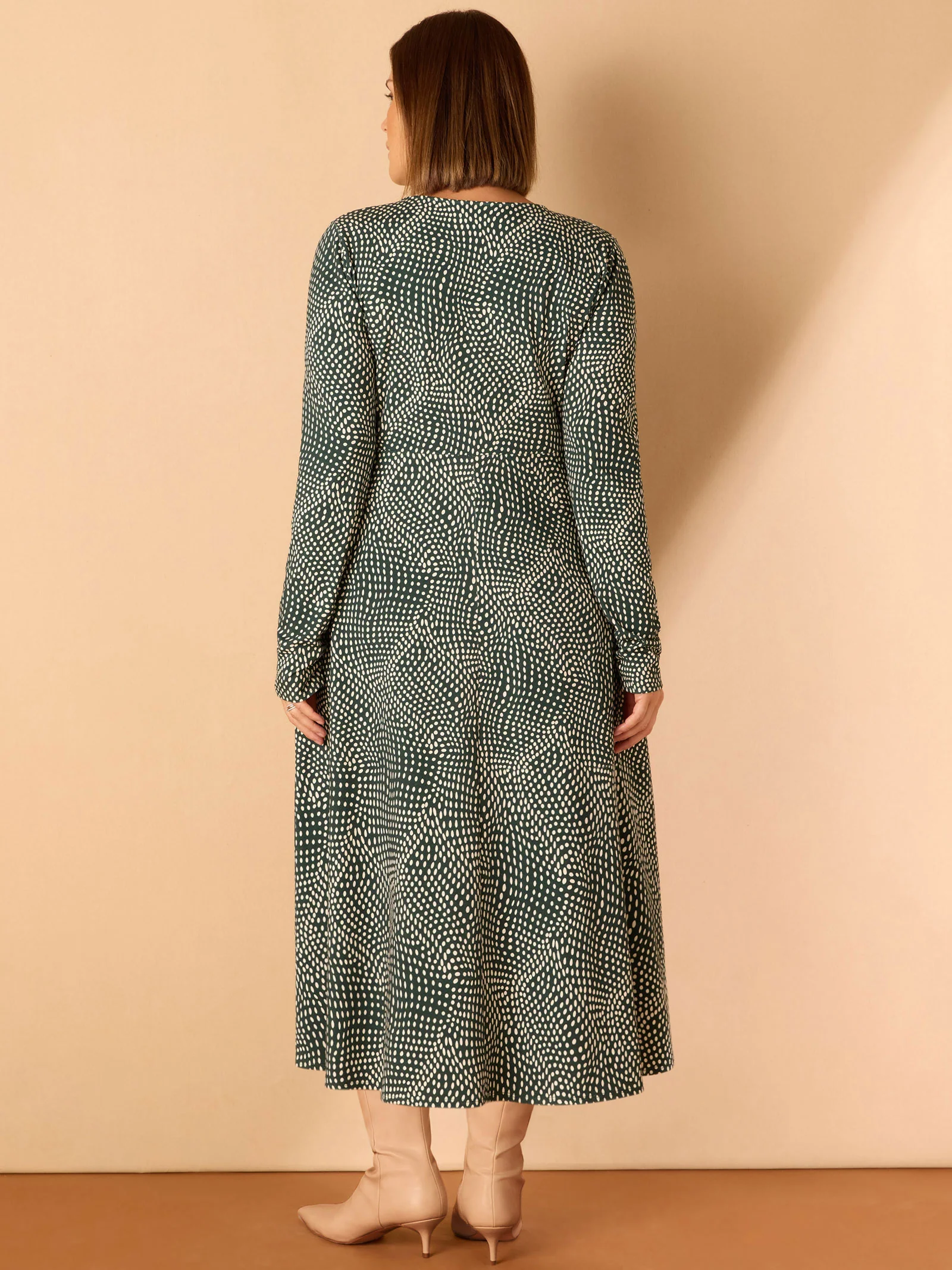 Green Spot Print Gathered V Neck Jersey Dress - Image 3