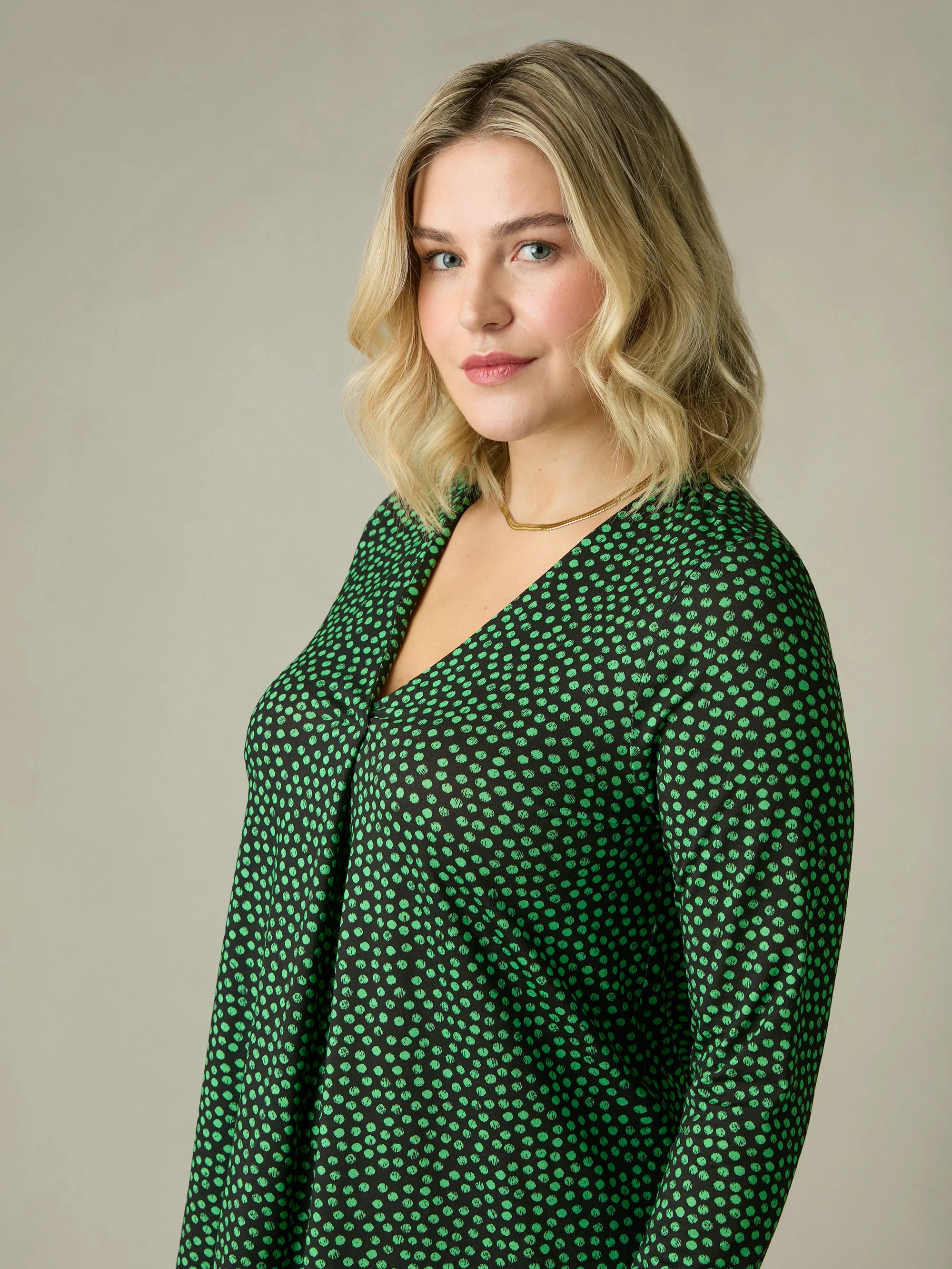 Green Spot Print Jersey Pleat Front Top - Image 2
