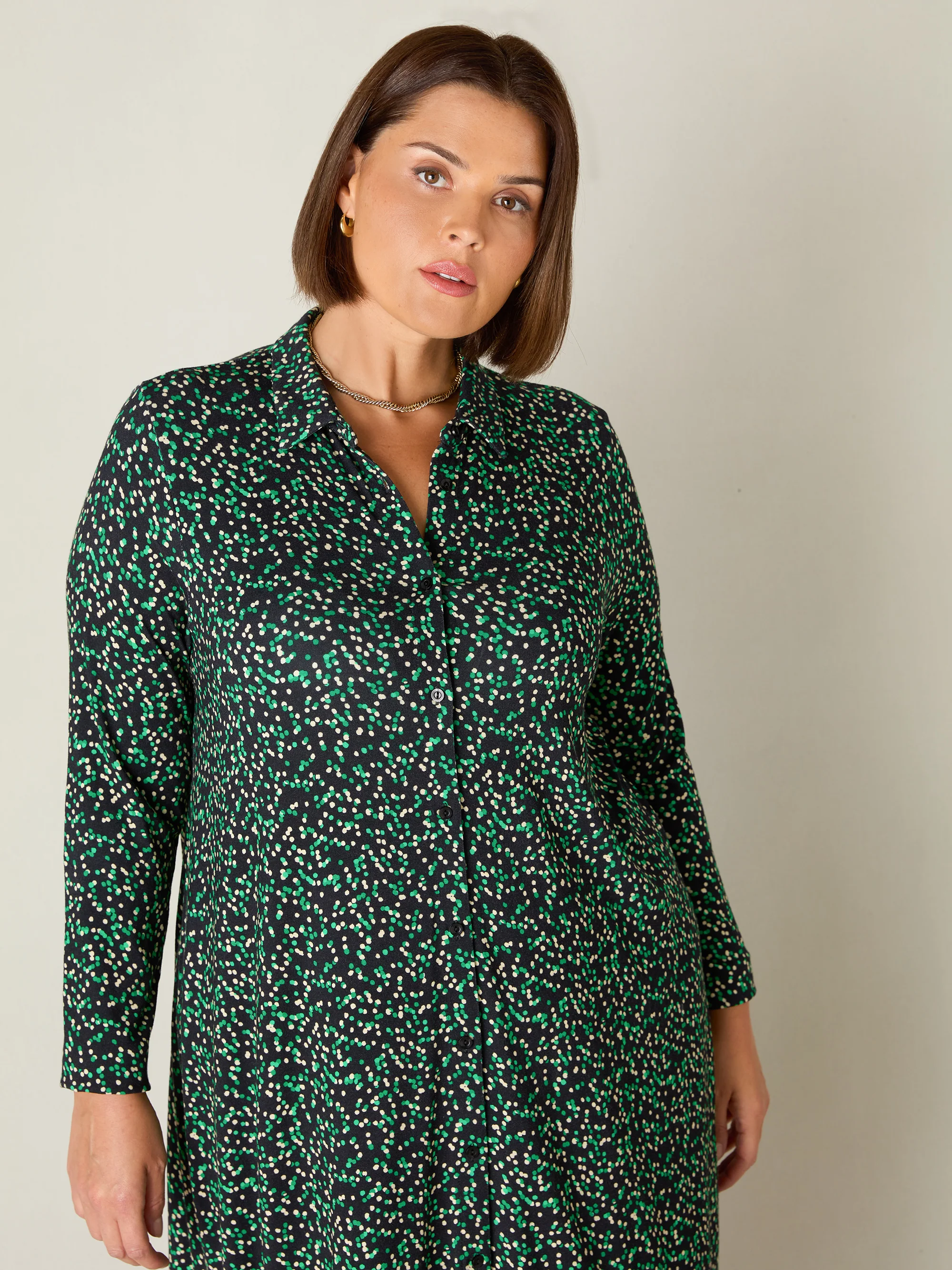 Green Spot Print Jersey Relaxed Shirt Dress - Image 2