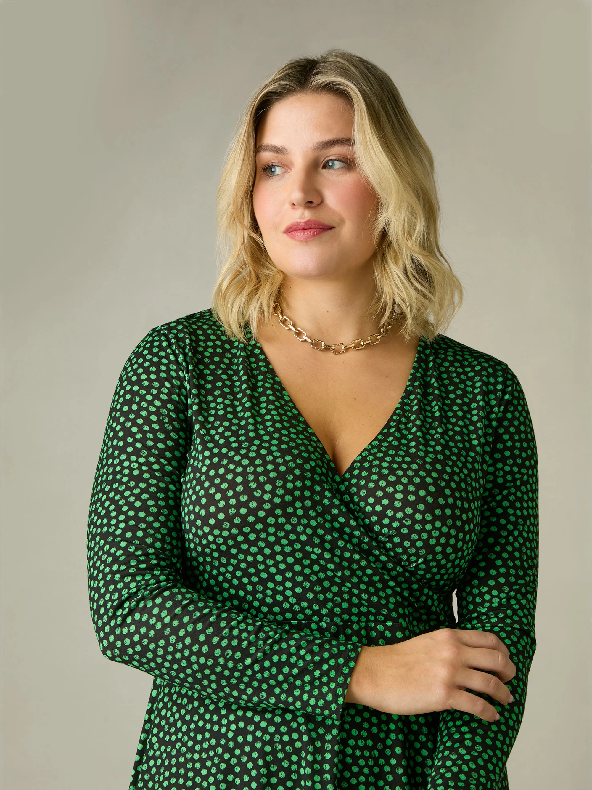 Green Spot Print Jersey Wrap Dress - Image 2