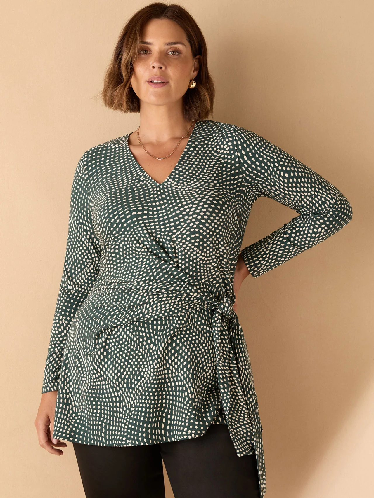Green Spot Print V Neck Side Tie Tunic - Image 2