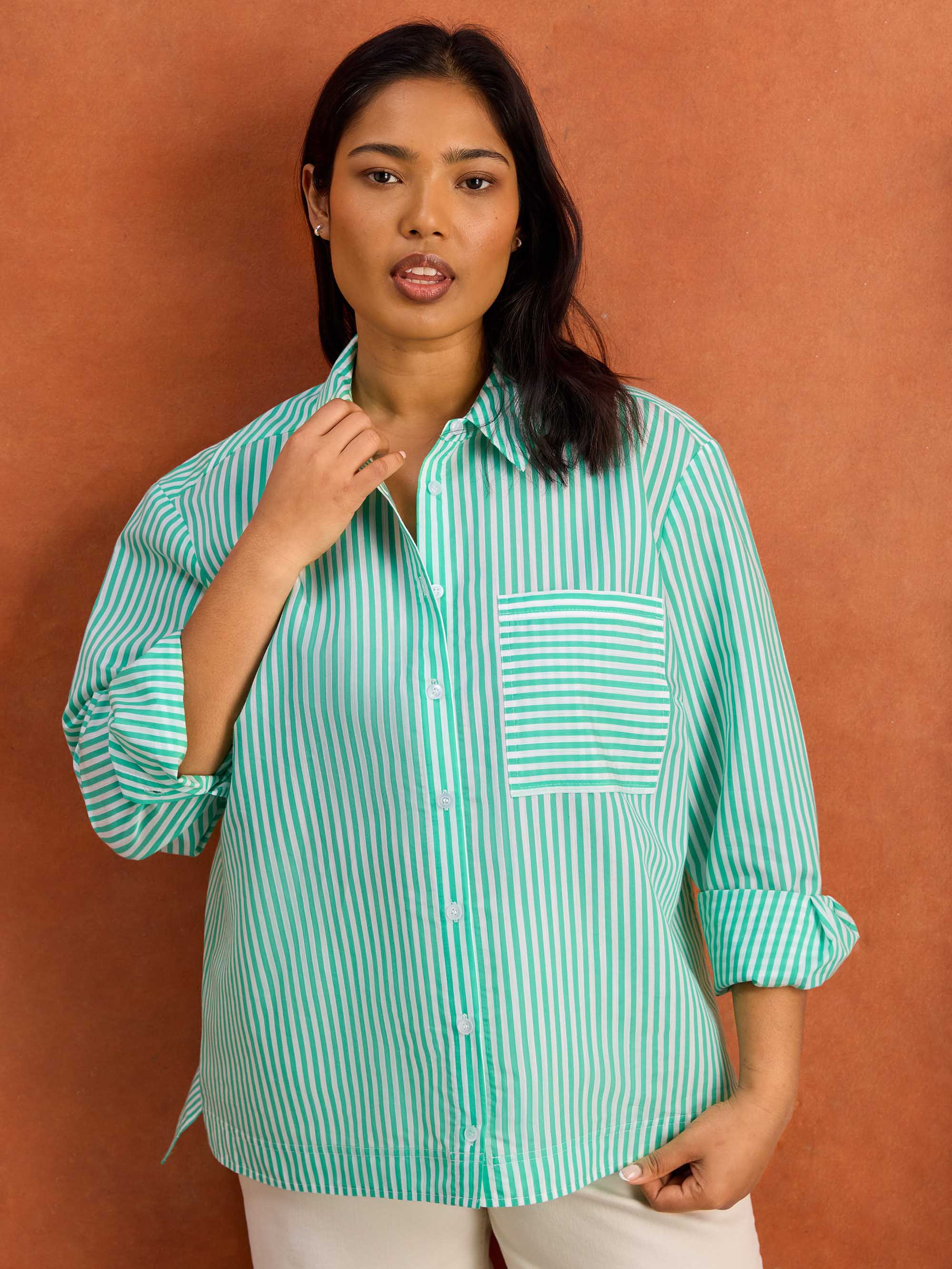 Green Stripe Long Sleeve Linen Blend Shirt - Image 3