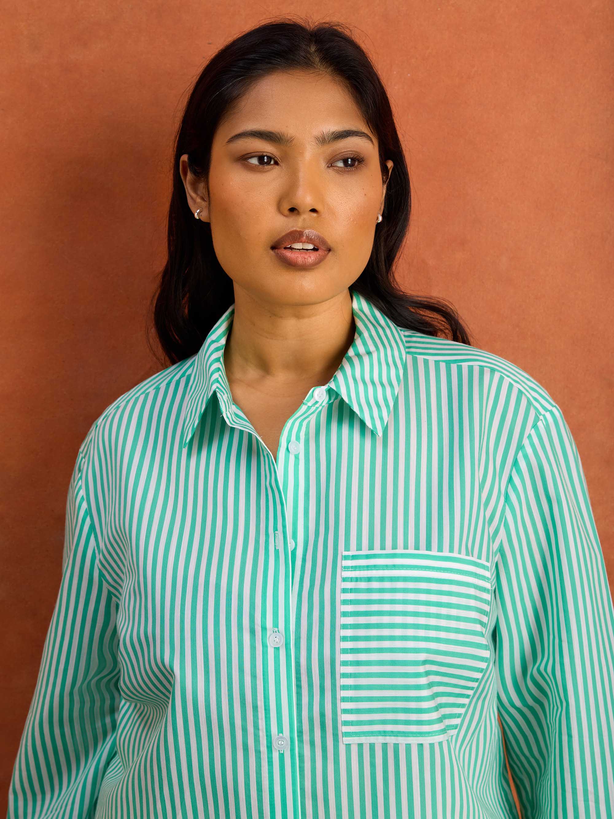 Green Stripe Long Sleeve Linen Blend Shirt - Image 4