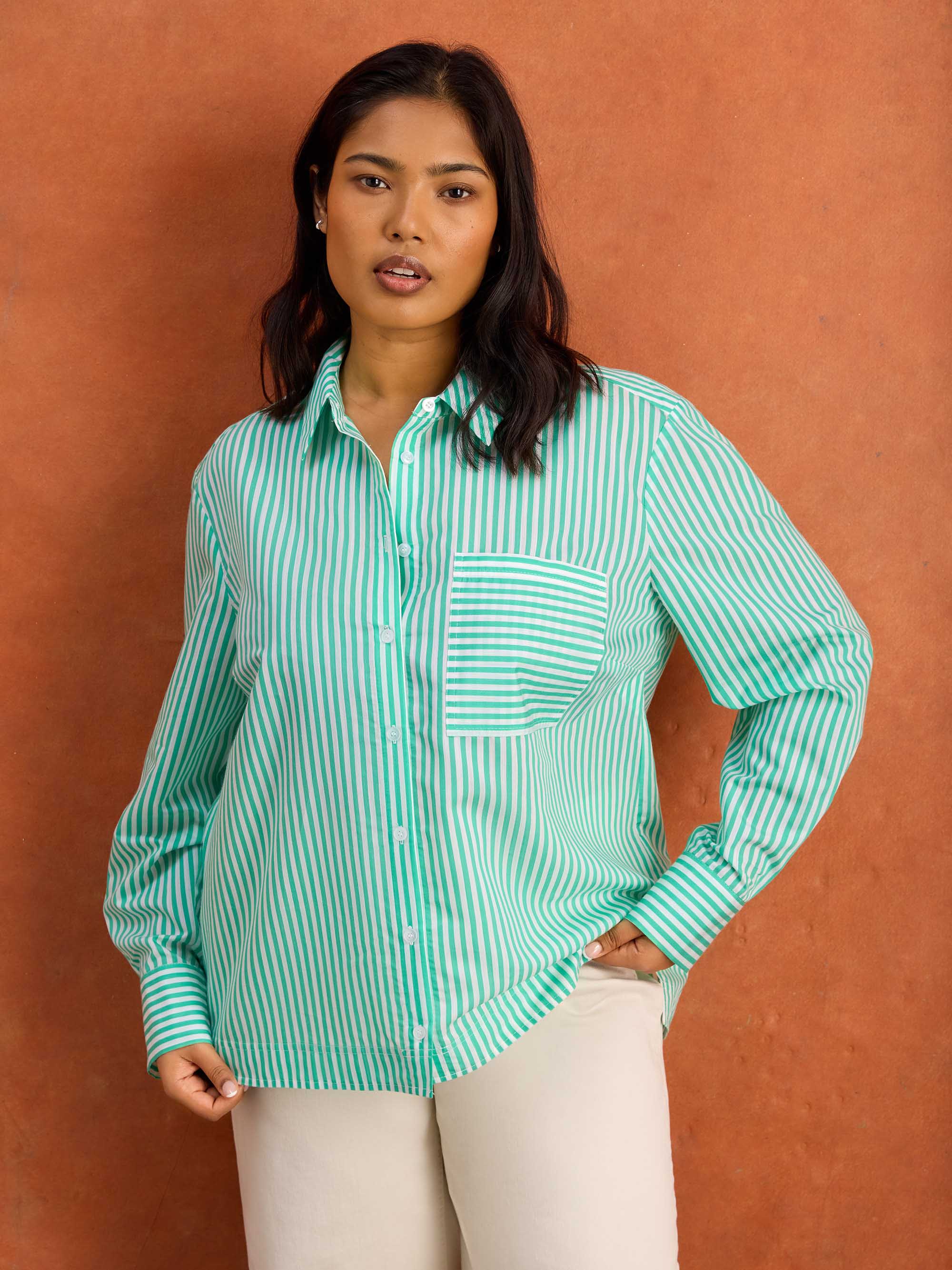 Green Stripe Long Sleeve Linen Blend Shirt - Image 5