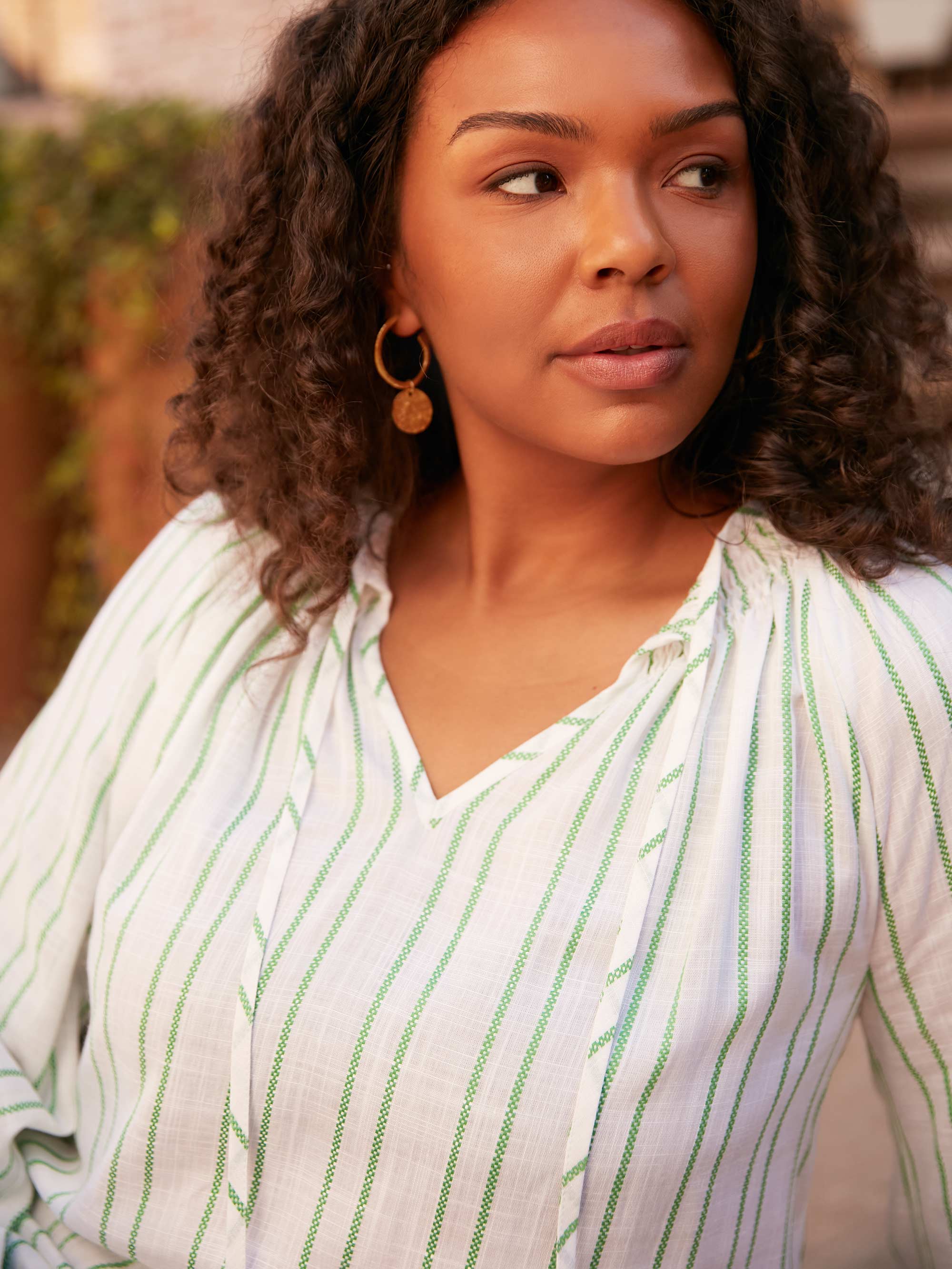 Green Stripe Shirred Neck Blouse - Image 2