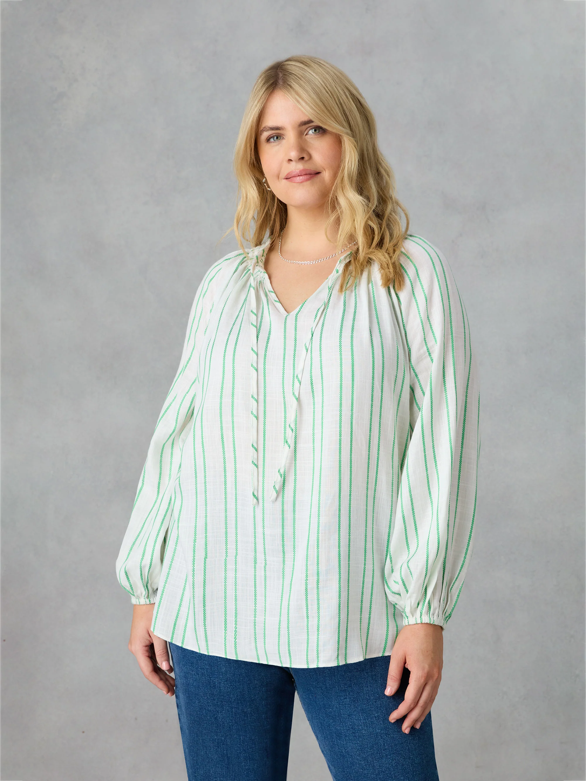 Green Stripe Shirred Neck Blouse - Image 3