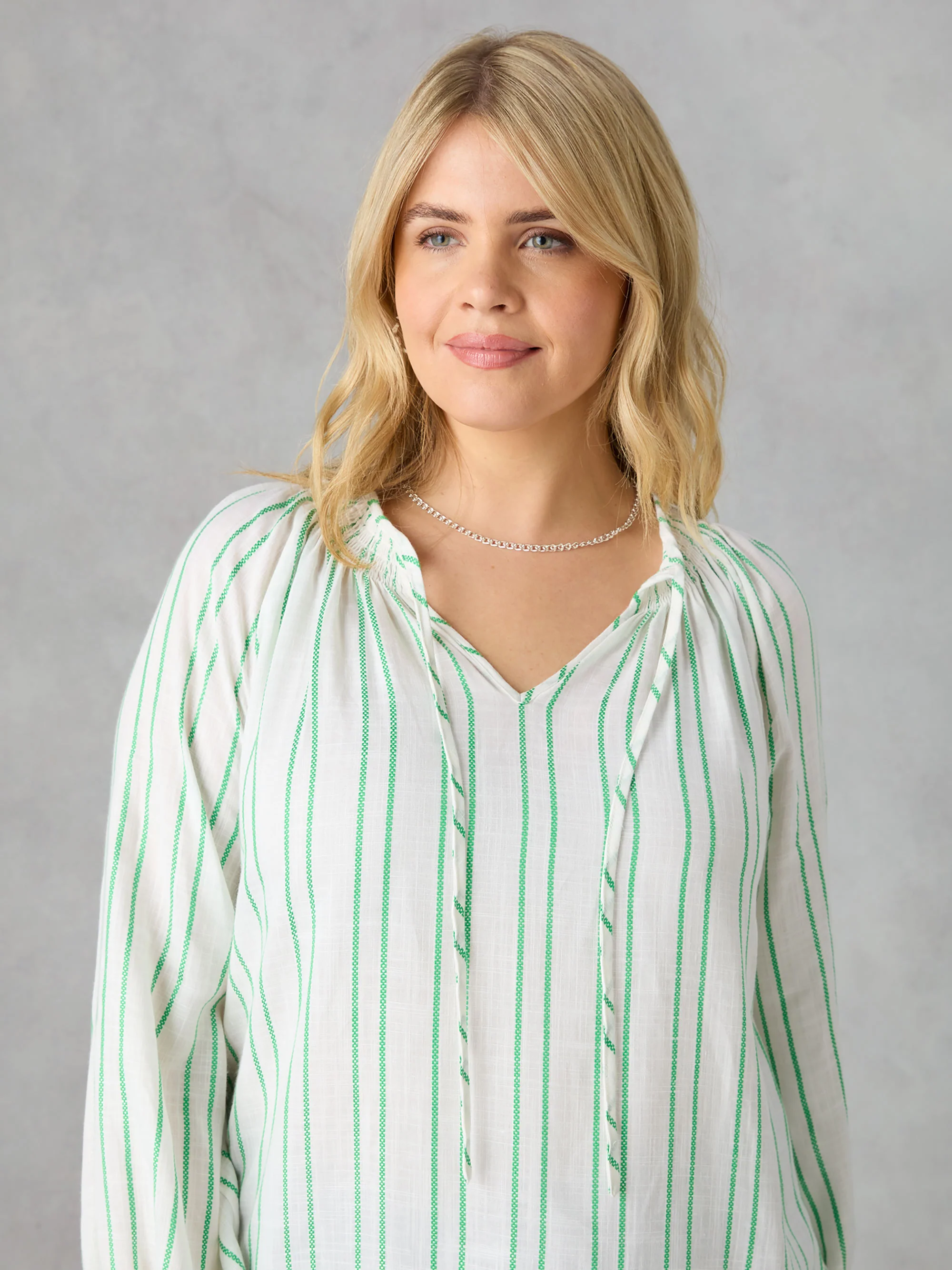 Green Stripe Shirred Neck Blouse - Image 4