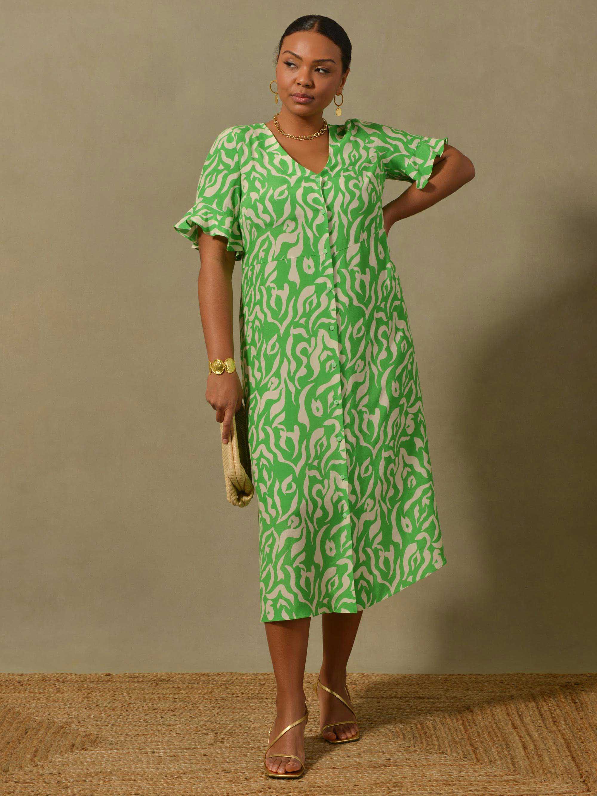 Green Swirl Print Button Through Midi Dress - Image 3