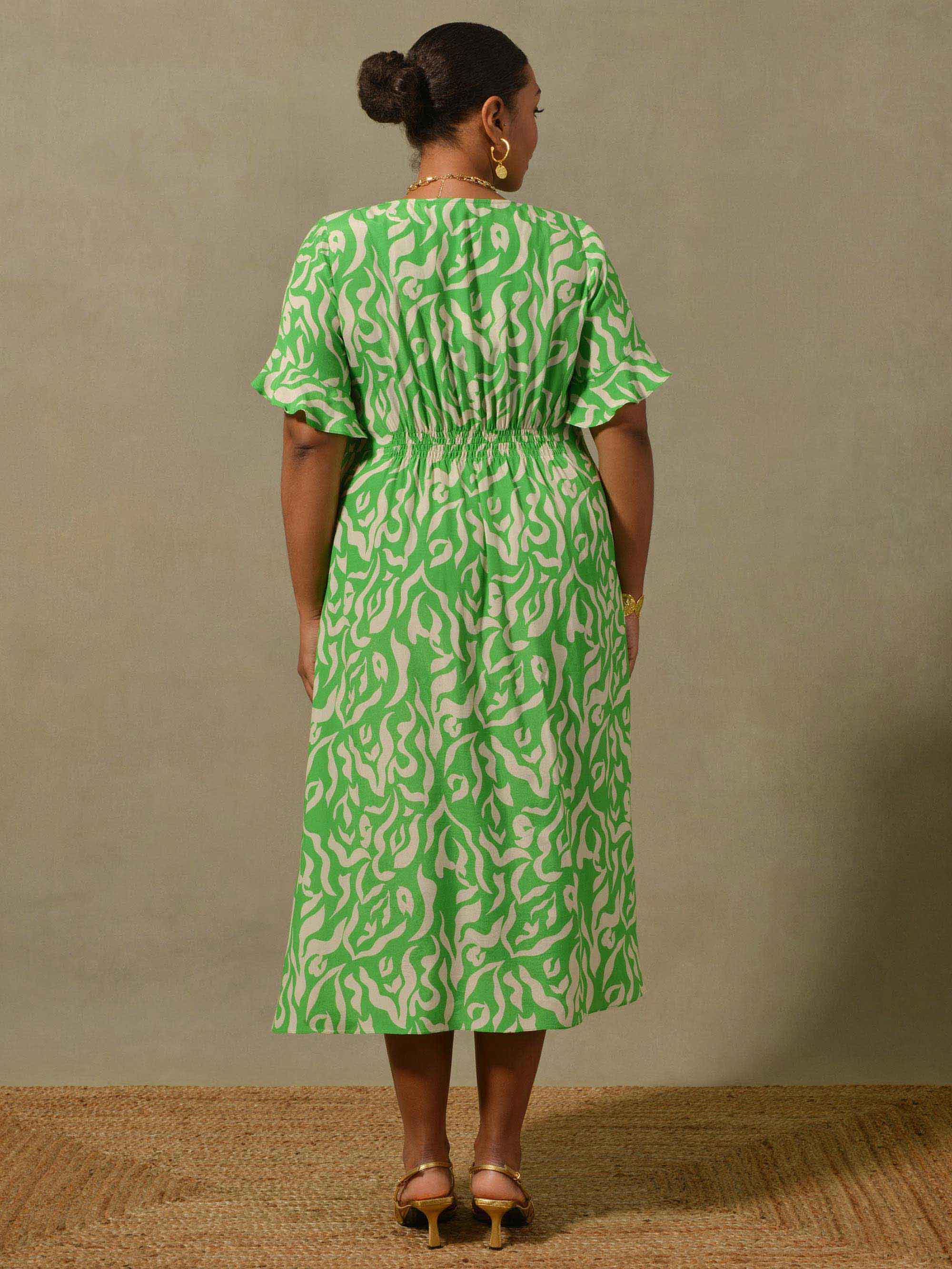 Green Swirl Print Button Through Midi Dress - Image 5