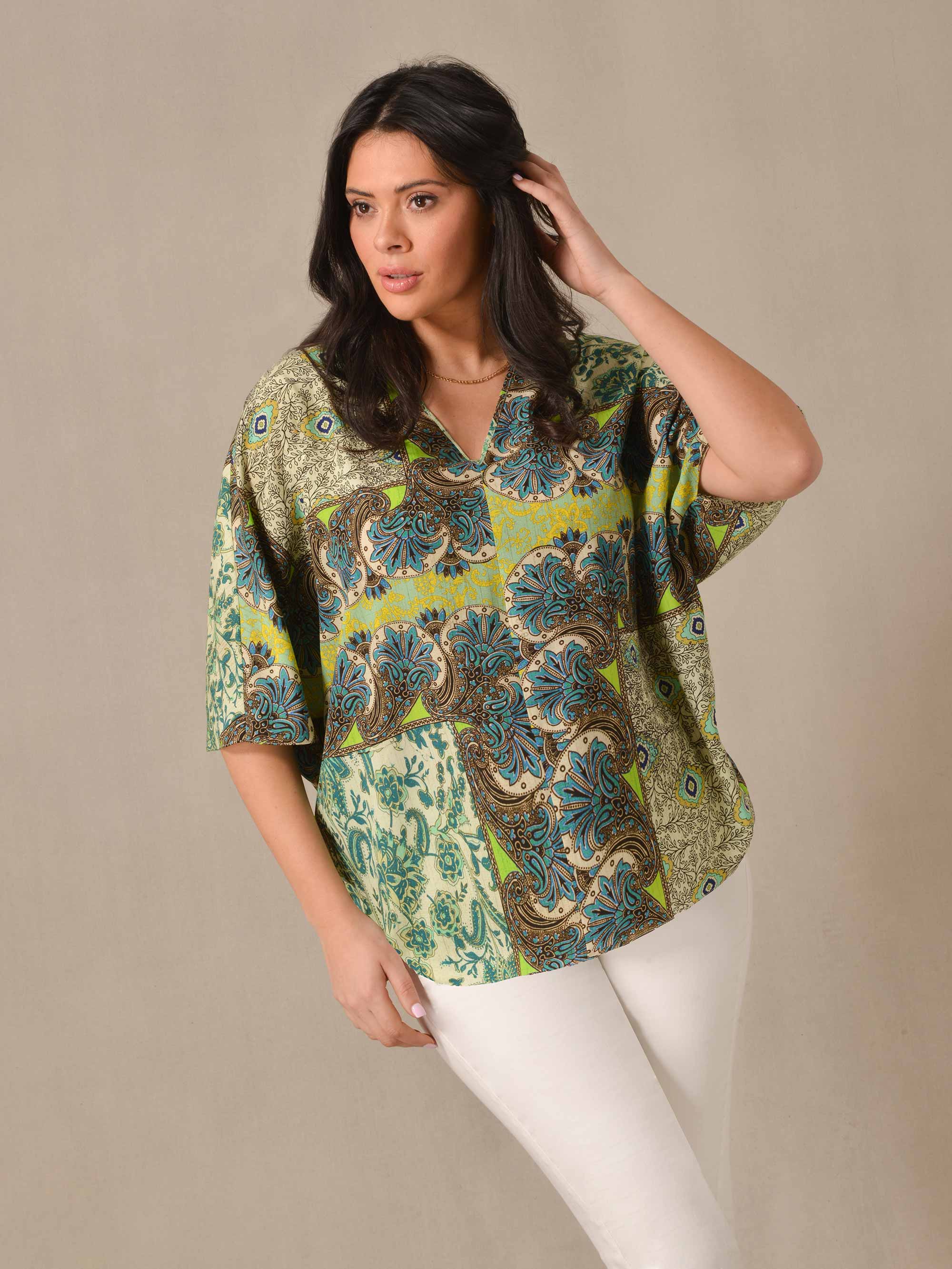 Green Tile Print Batwing Blouse - Image 2