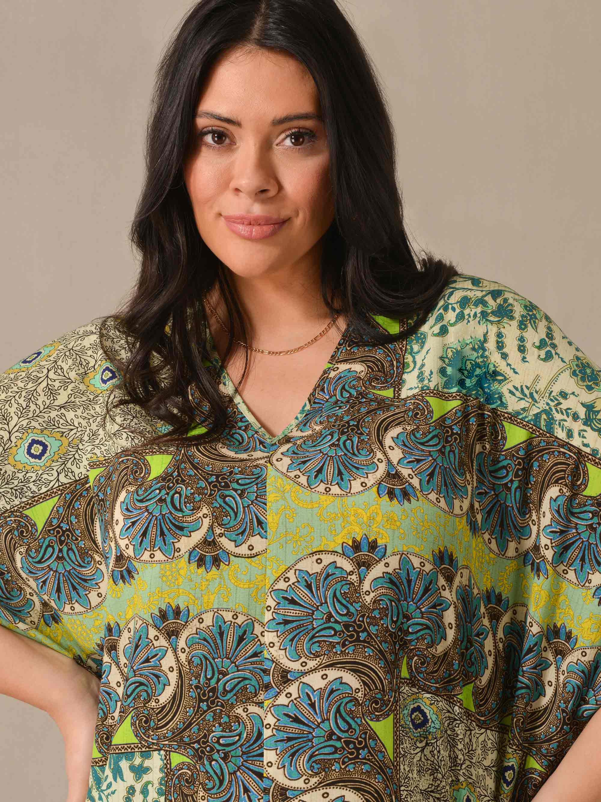 Green Tile Print Batwing Blouse - Image 3