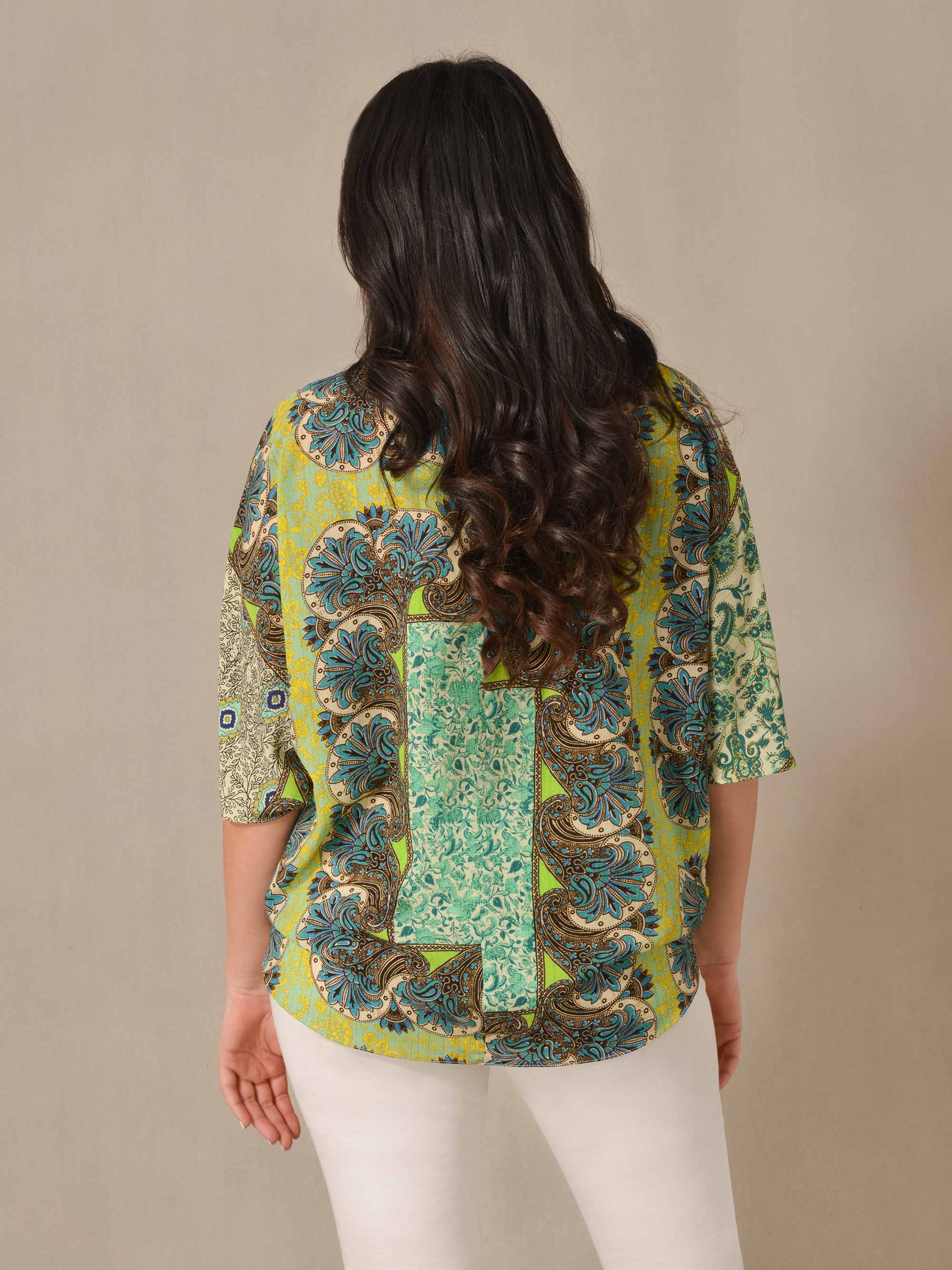 Green Tile Print Batwing Blouse - Image 4