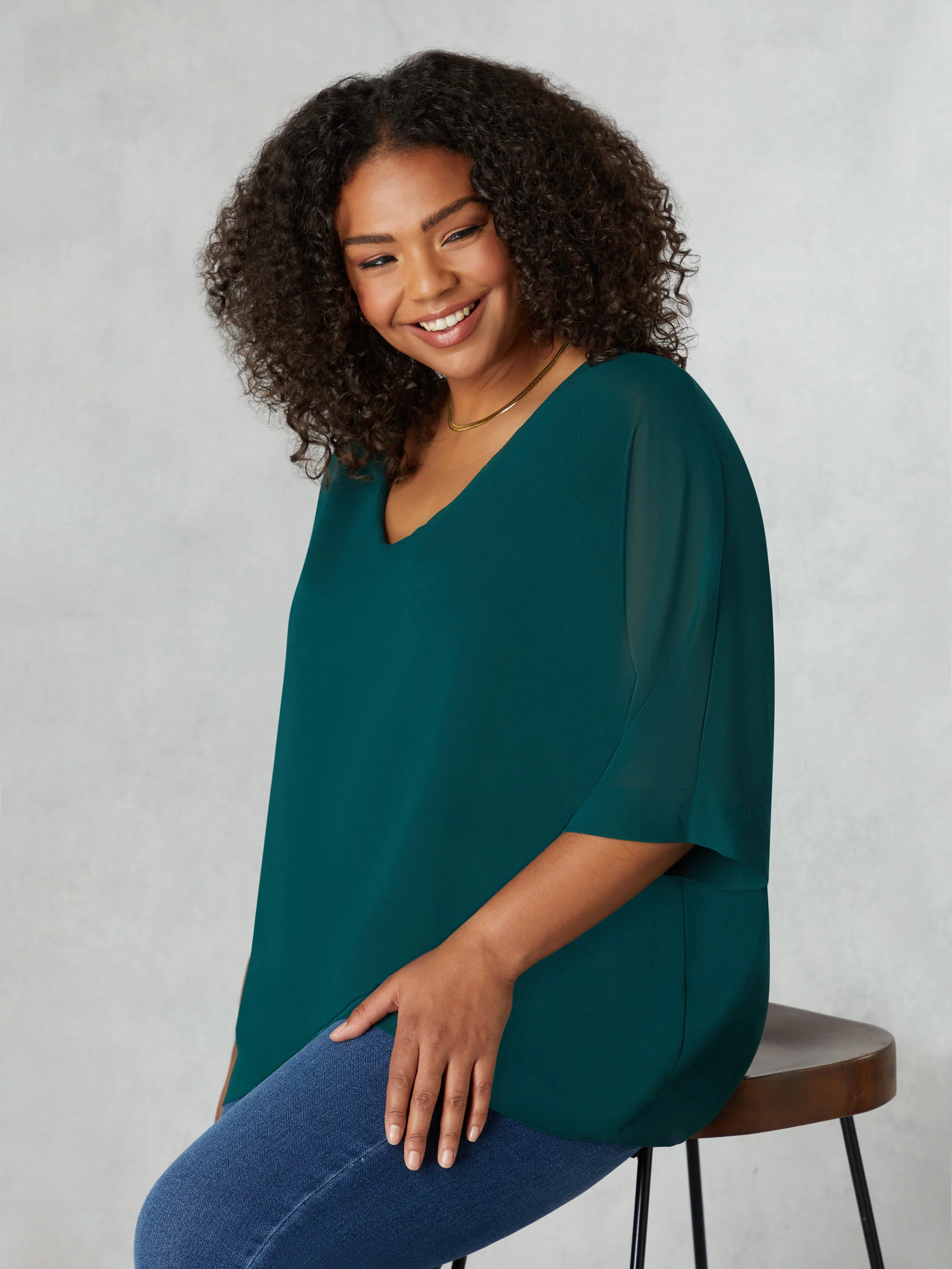 Green V-Neck Chiffon Overlay Top