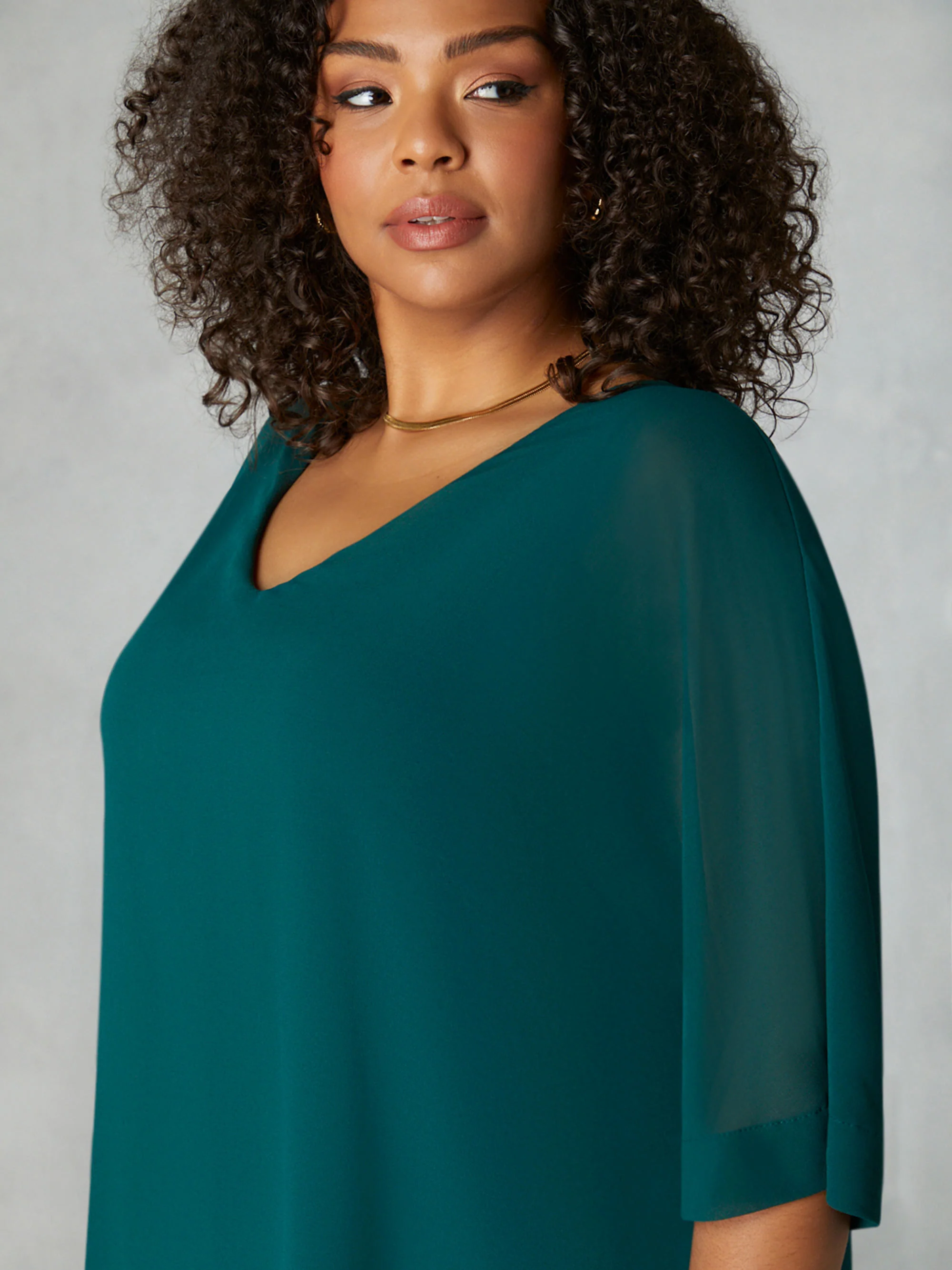 Green V-Neck Chiffon Overlay Top - Image 2