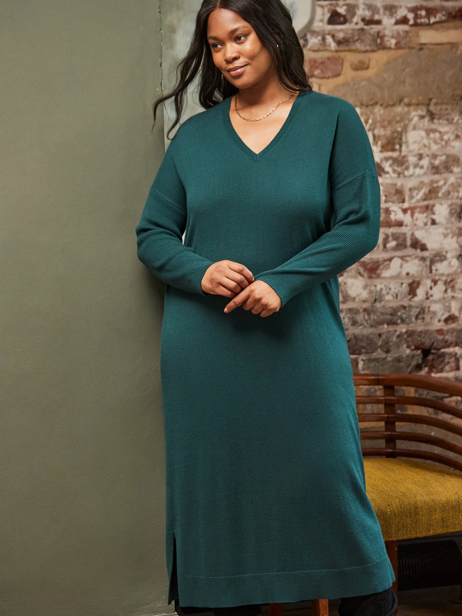 Green V Neck Knit Jumper Dress - Image 5