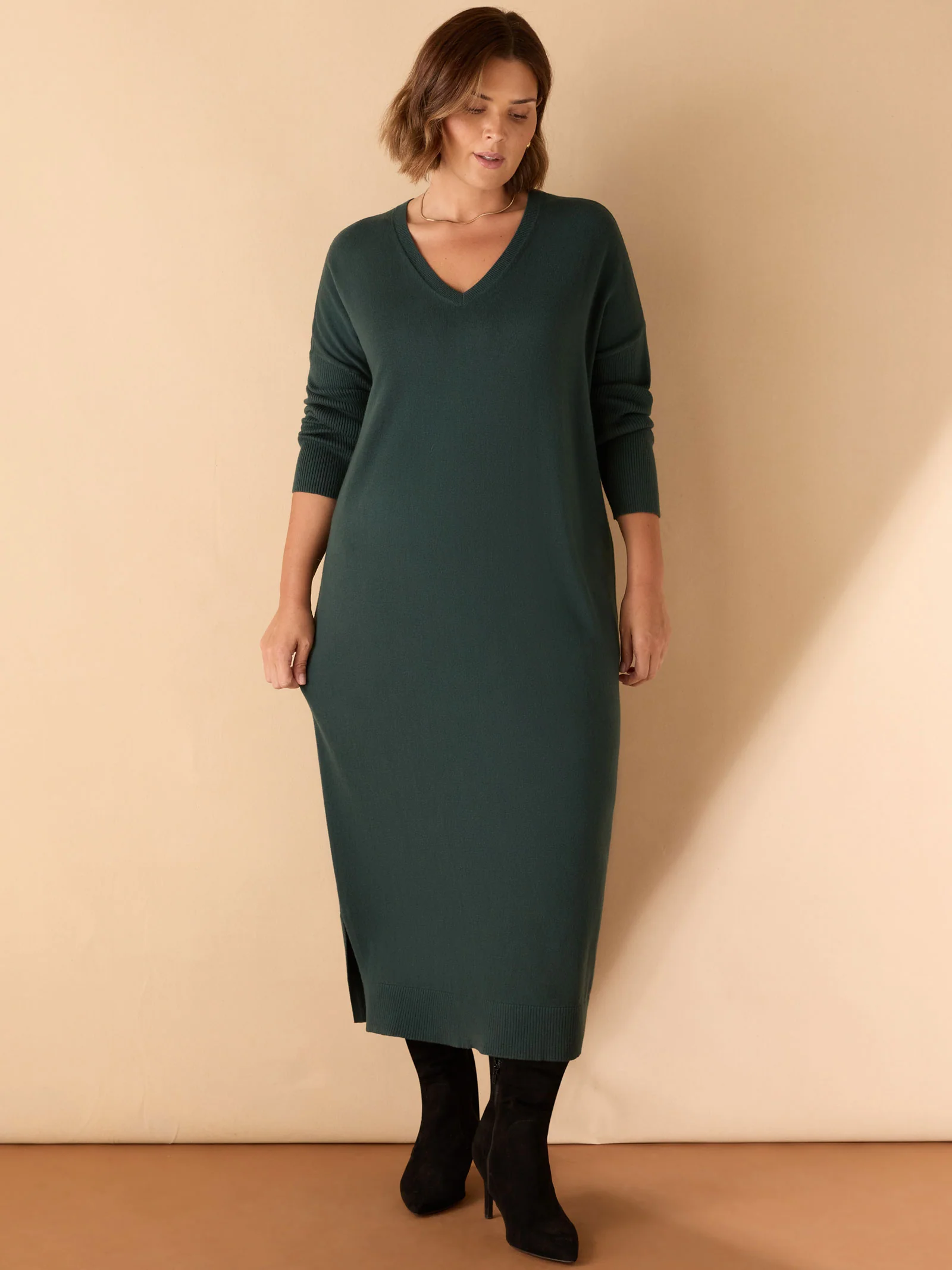 Green V Neck Knit Jumper Dress - Image 6