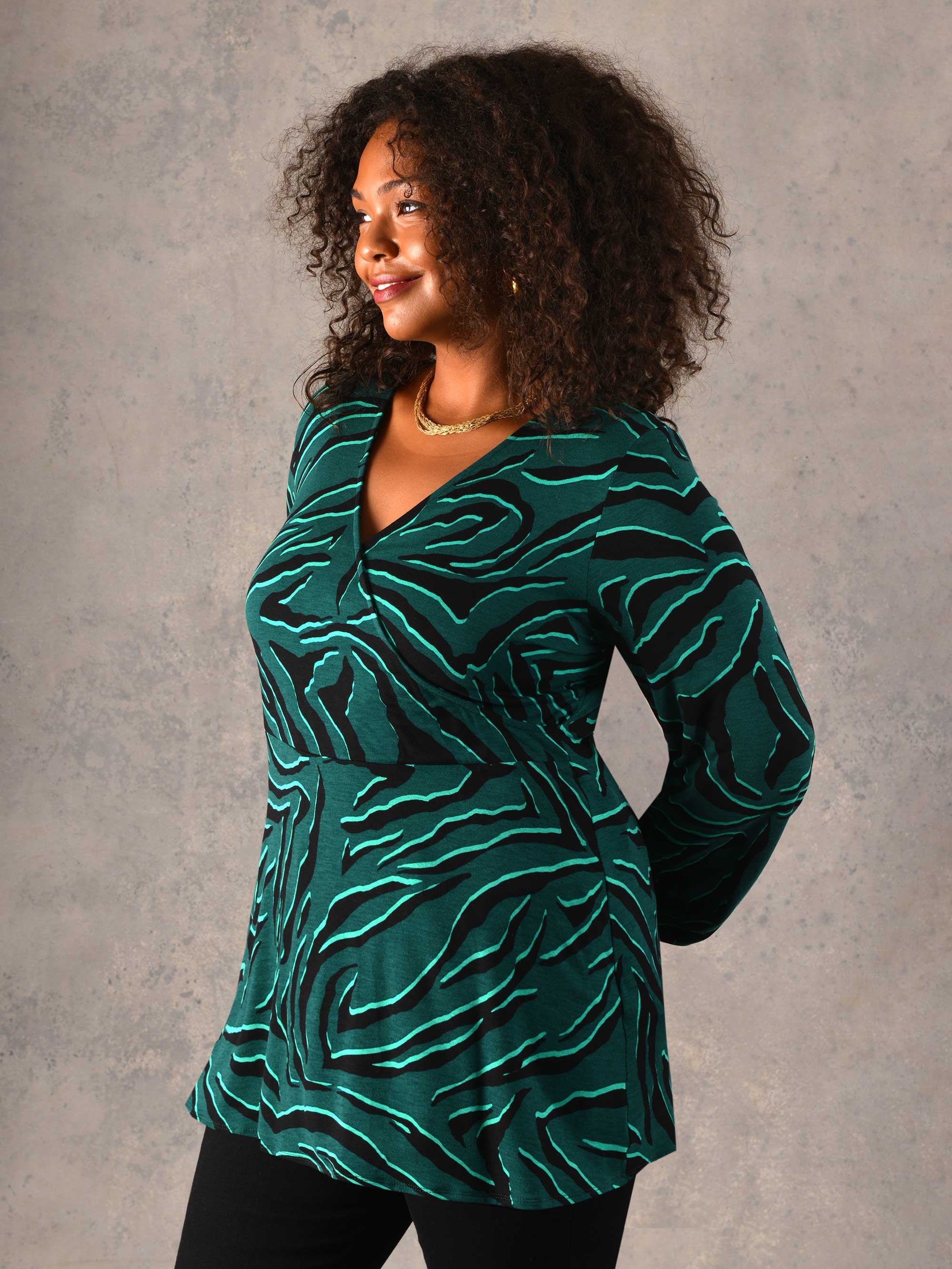 Green Zebra Print Mock Wrap Jersey Top - Image 2