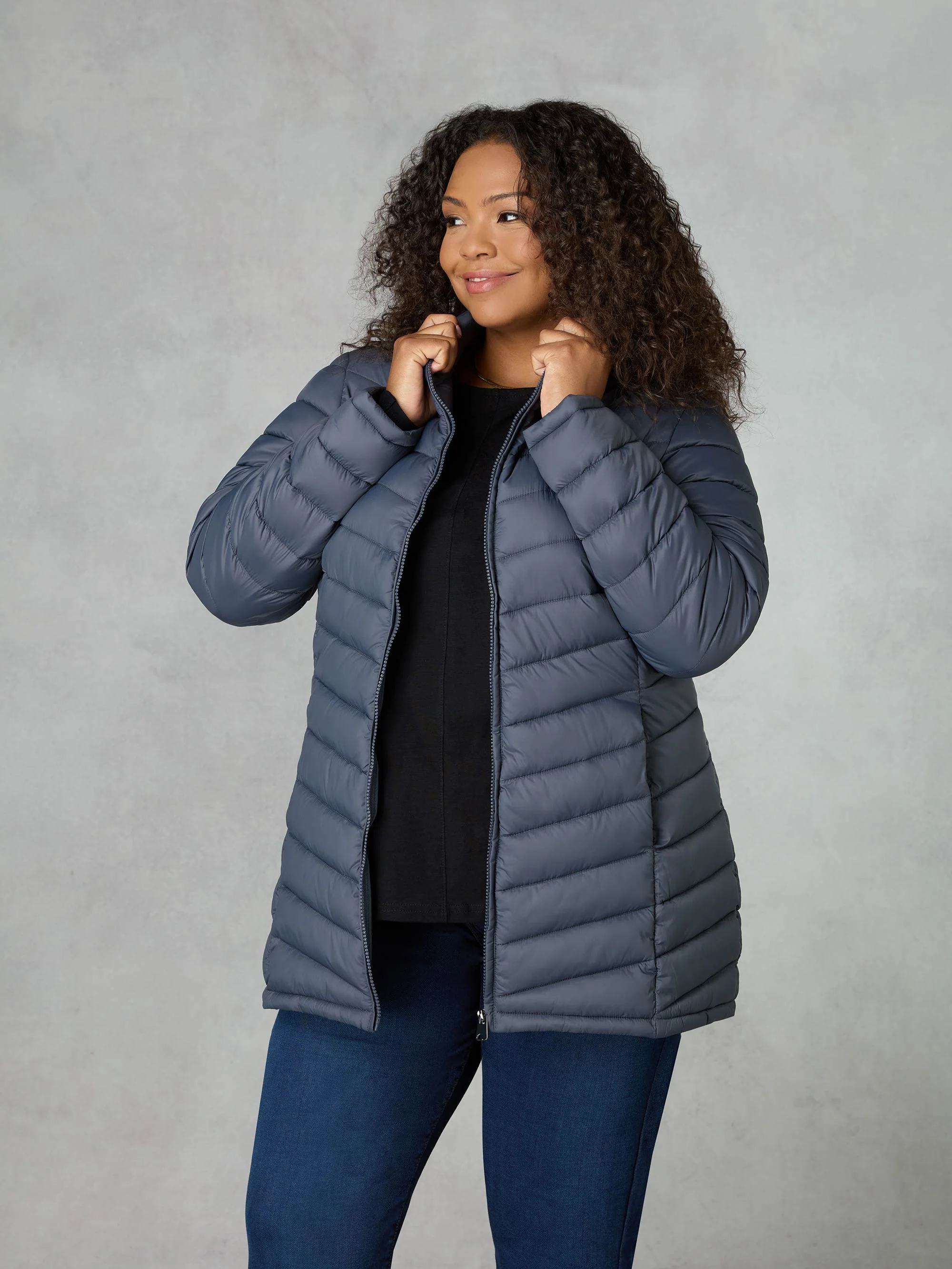 Grey Chevron Packable Puffer Coat - Image 2