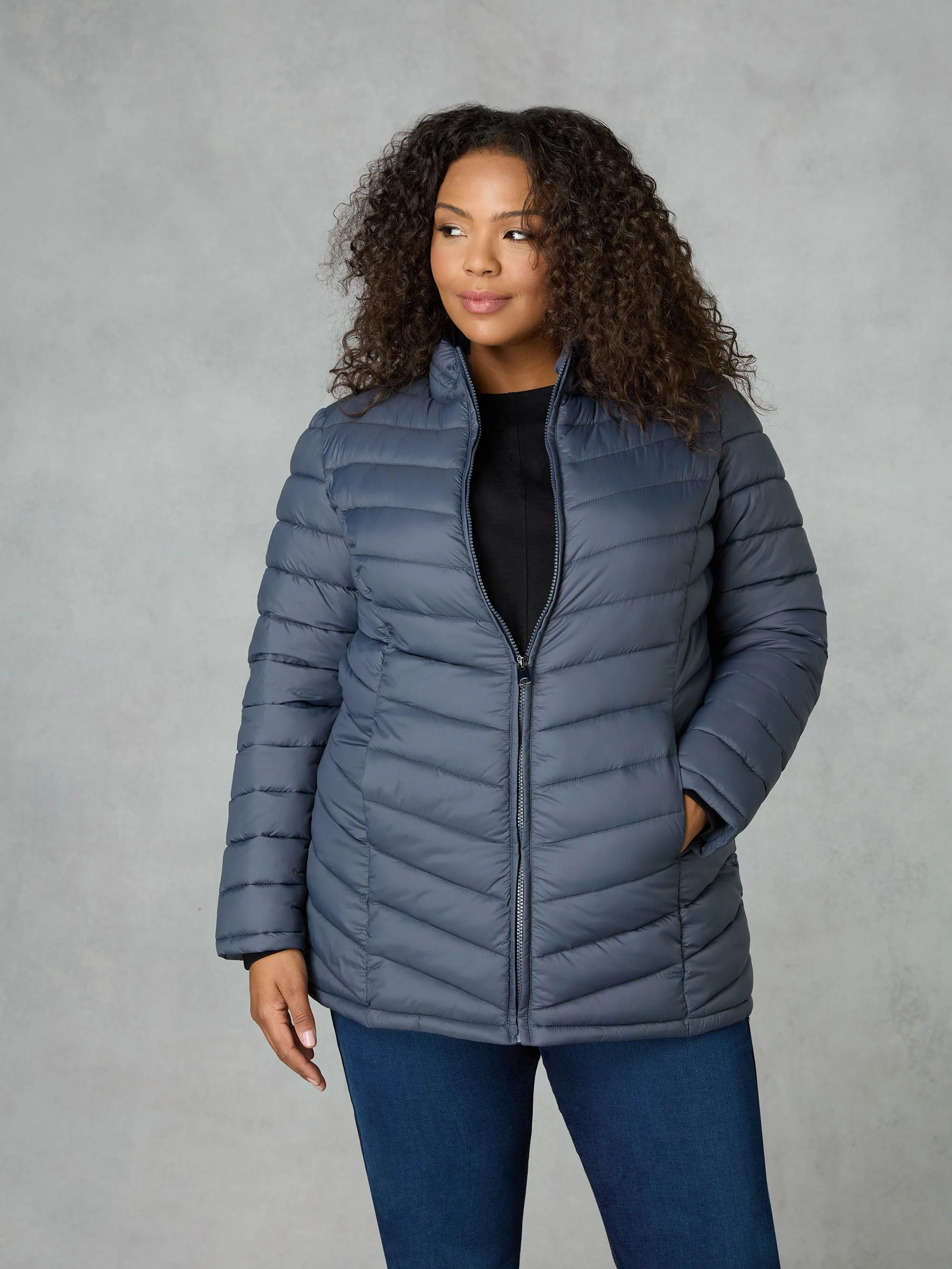 Grey Chevron Packable Puffer Coat - Image 3
