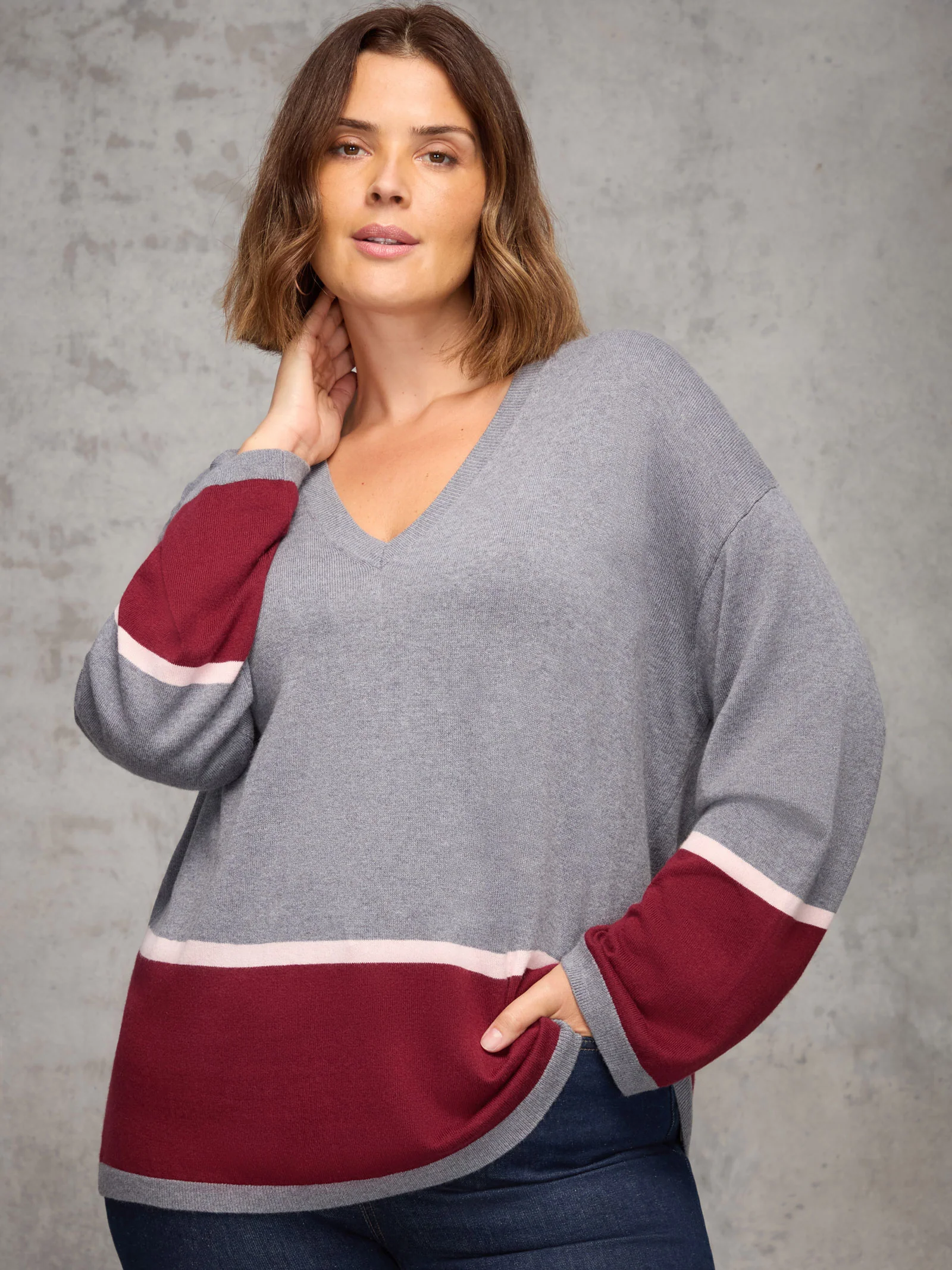 Grey Contrast Stripe V Neck Jumper - Image 2