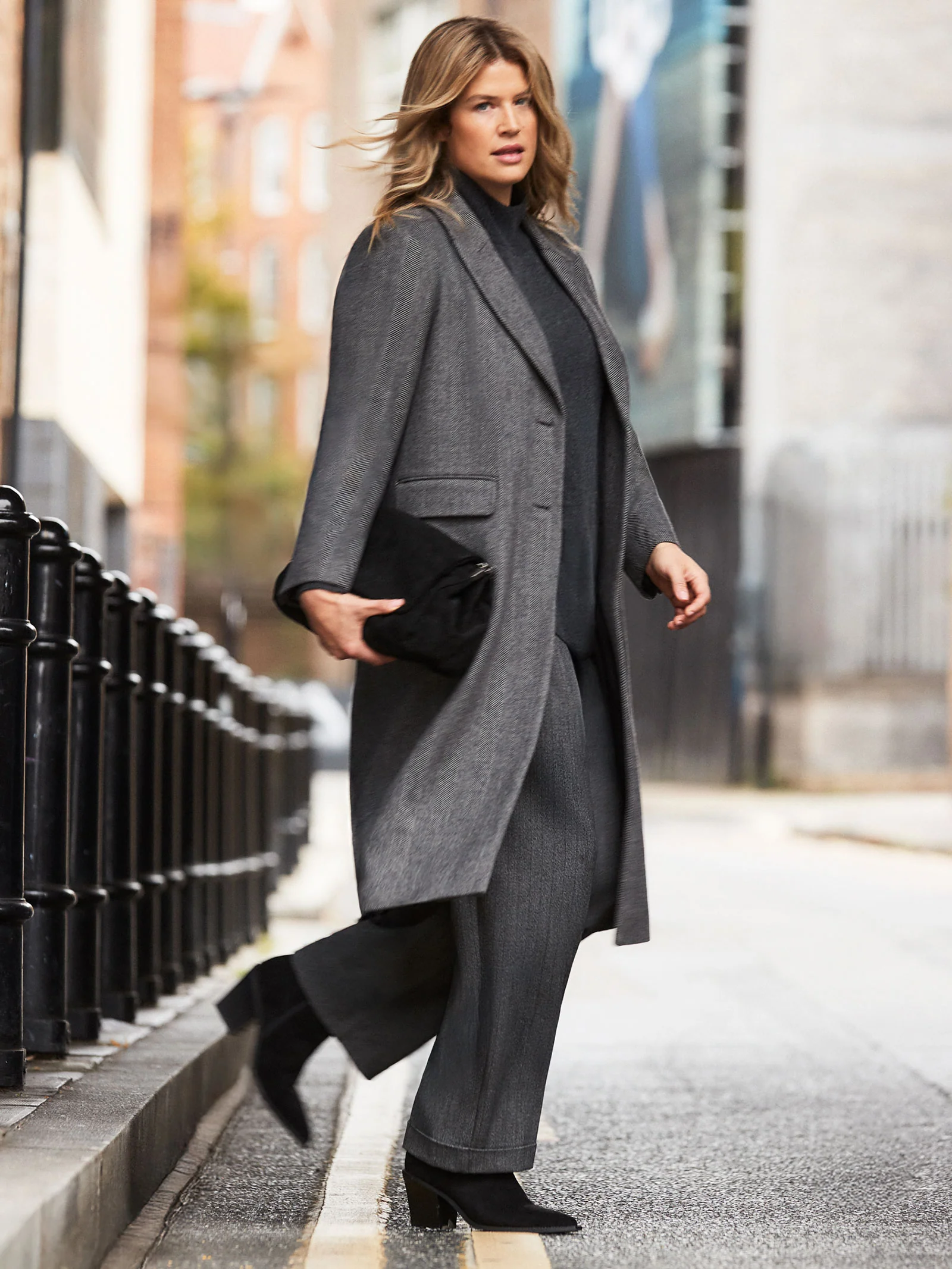 Grey Herringbone Wool Blend Tailored Coat - Image 2