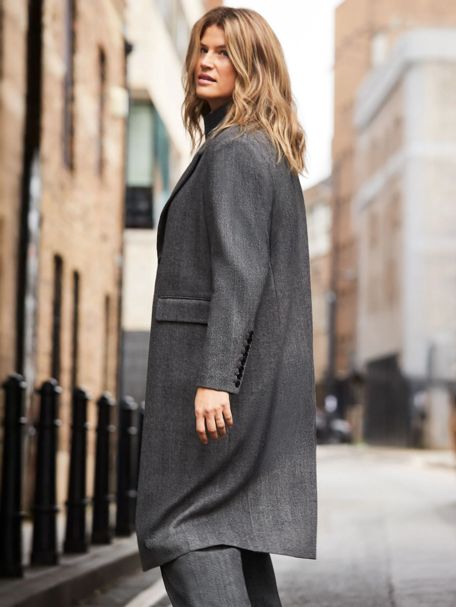 Grey Herringbone Wool Blend Tailored Coat - Image 4
