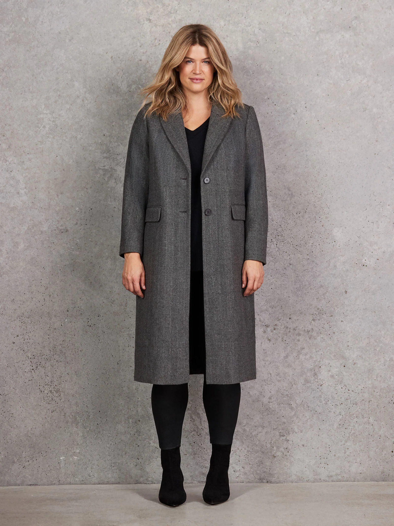 Grey Herringbone Wool Blend Tailored Coat - Image 5