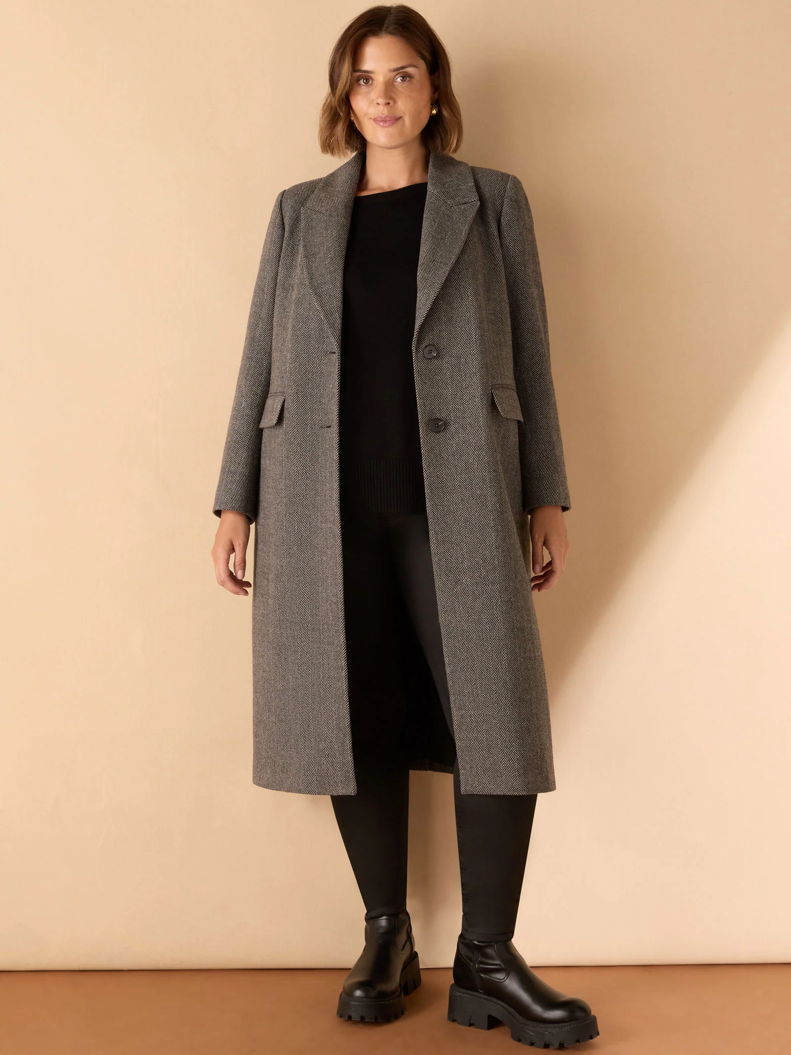 Grey Herringbone Wool Blend Tailored Coat - Image 6