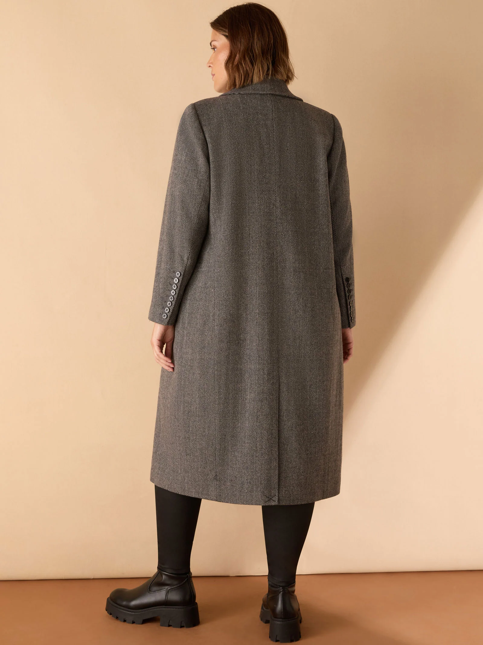 Grey Herringbone Wool Blend Tailored Coat - Image 8
