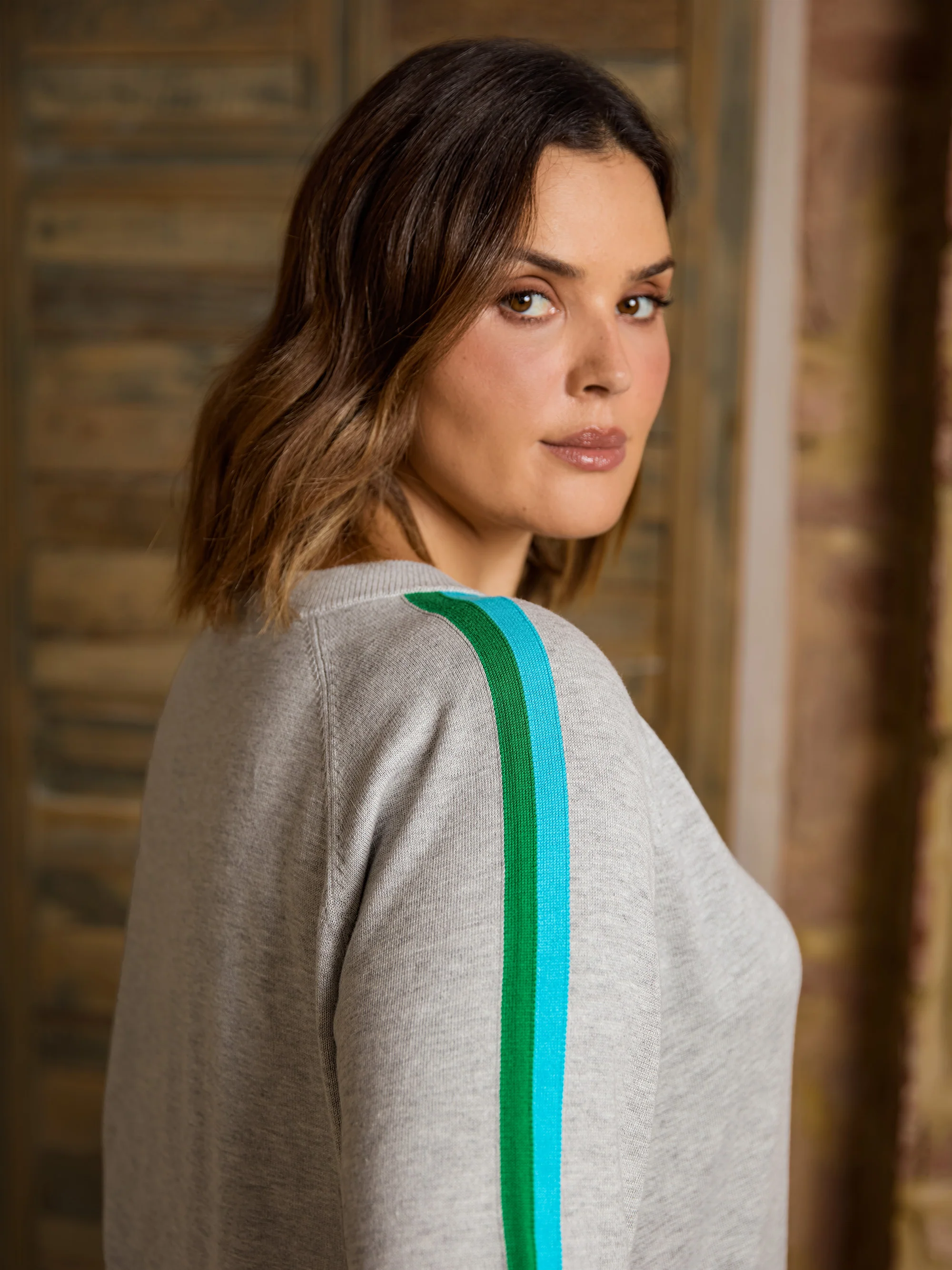 Grey Knitted Contrast Stripe Short Sleeve Jumper - Image 3