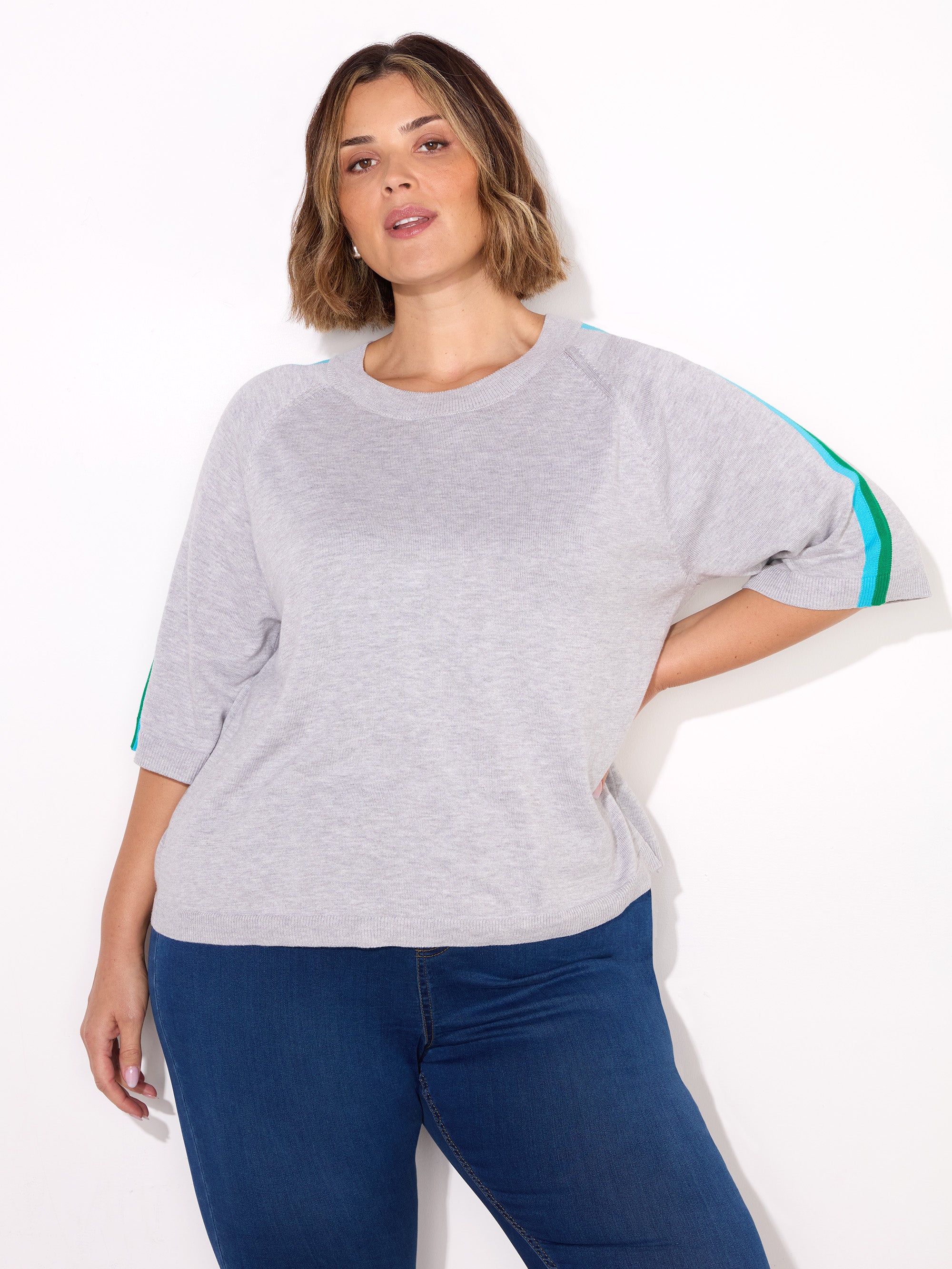 Grey Knitted Contrast Stripe Short Sleeve Jumper - Image 5