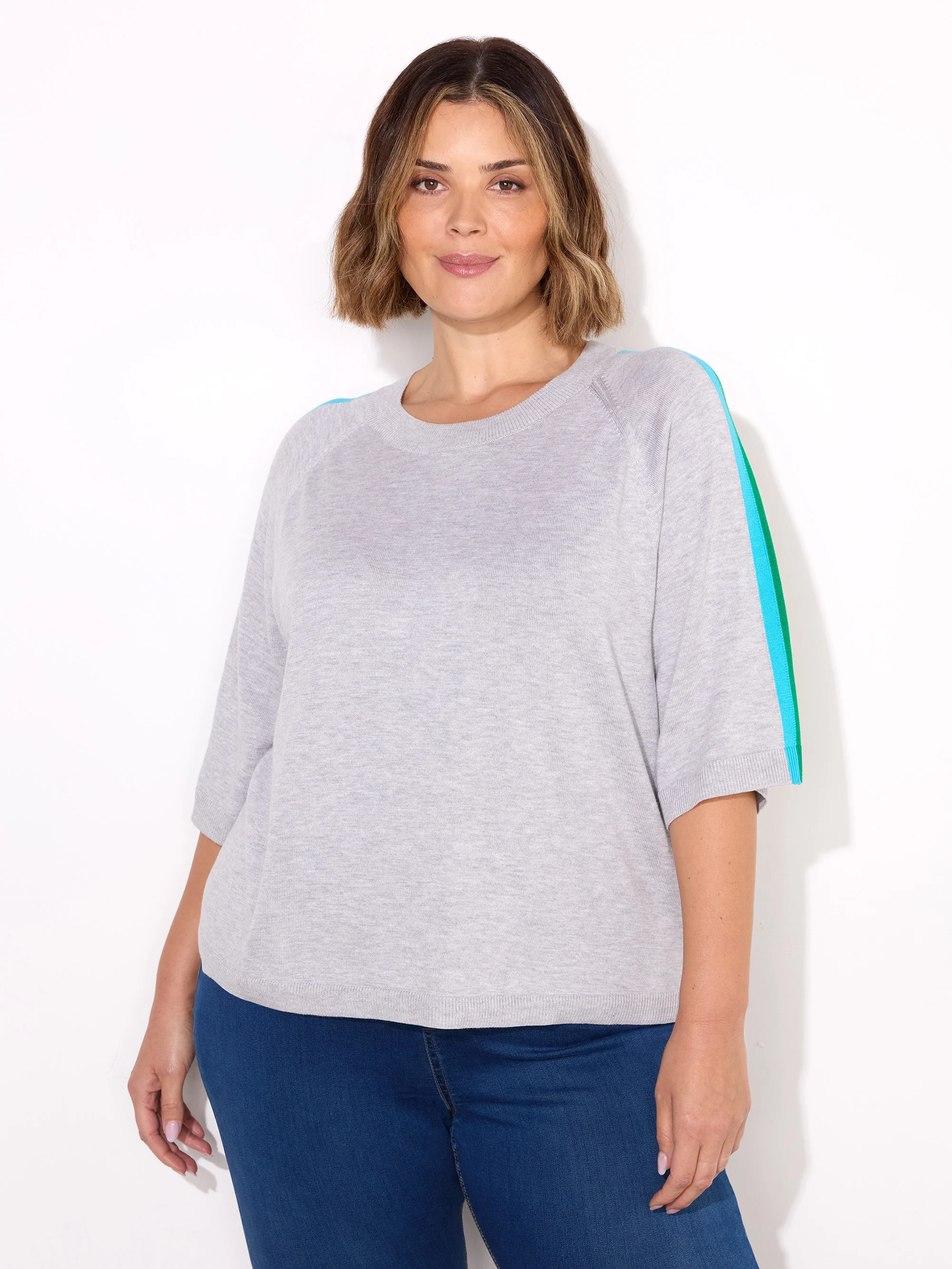 Grey Knitted Contrast Stripe Short Sleeve Jumper - Image 6