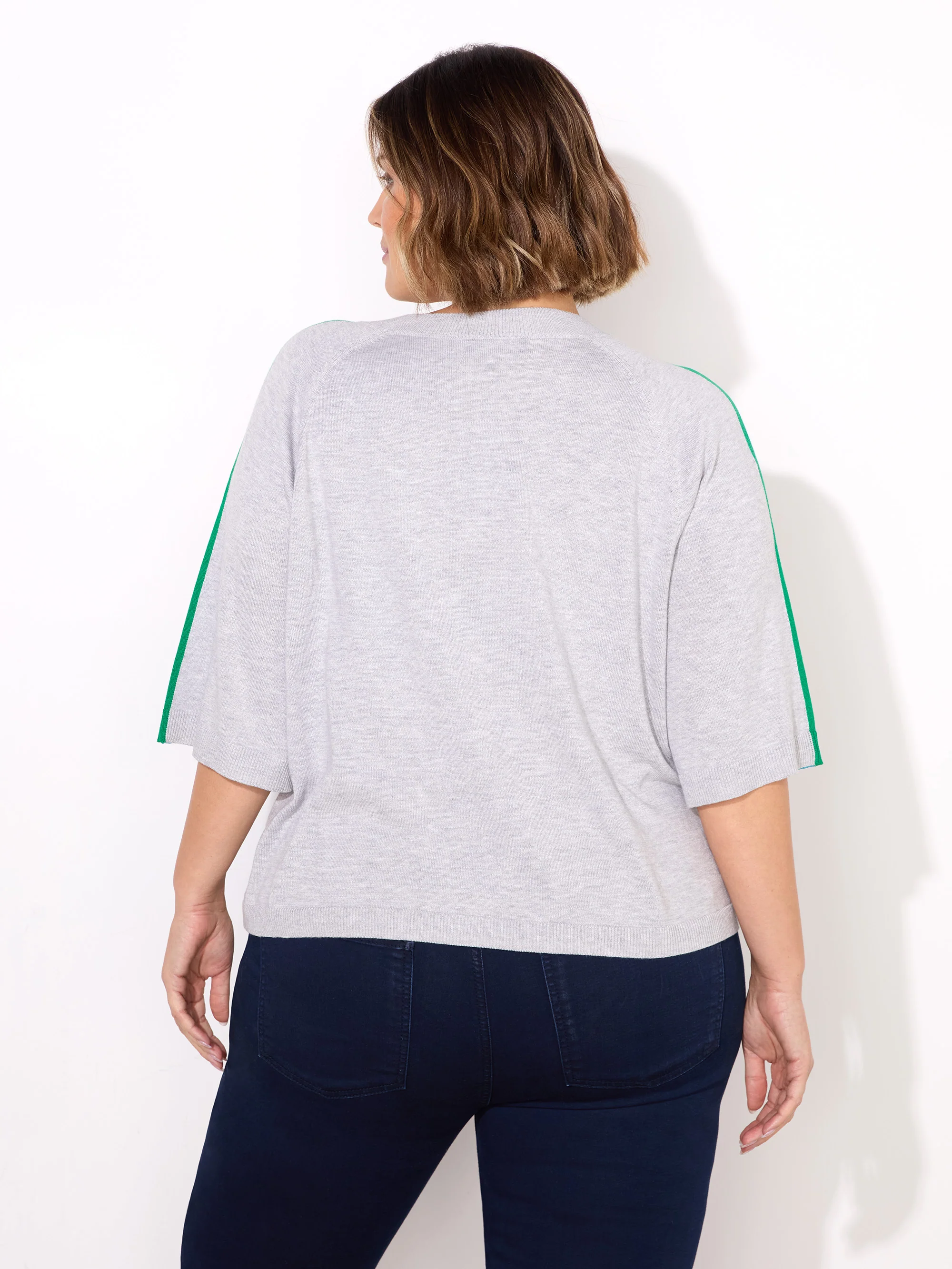 Grey Knitted Contrast Stripe Short Sleeve Jumper - Image 7