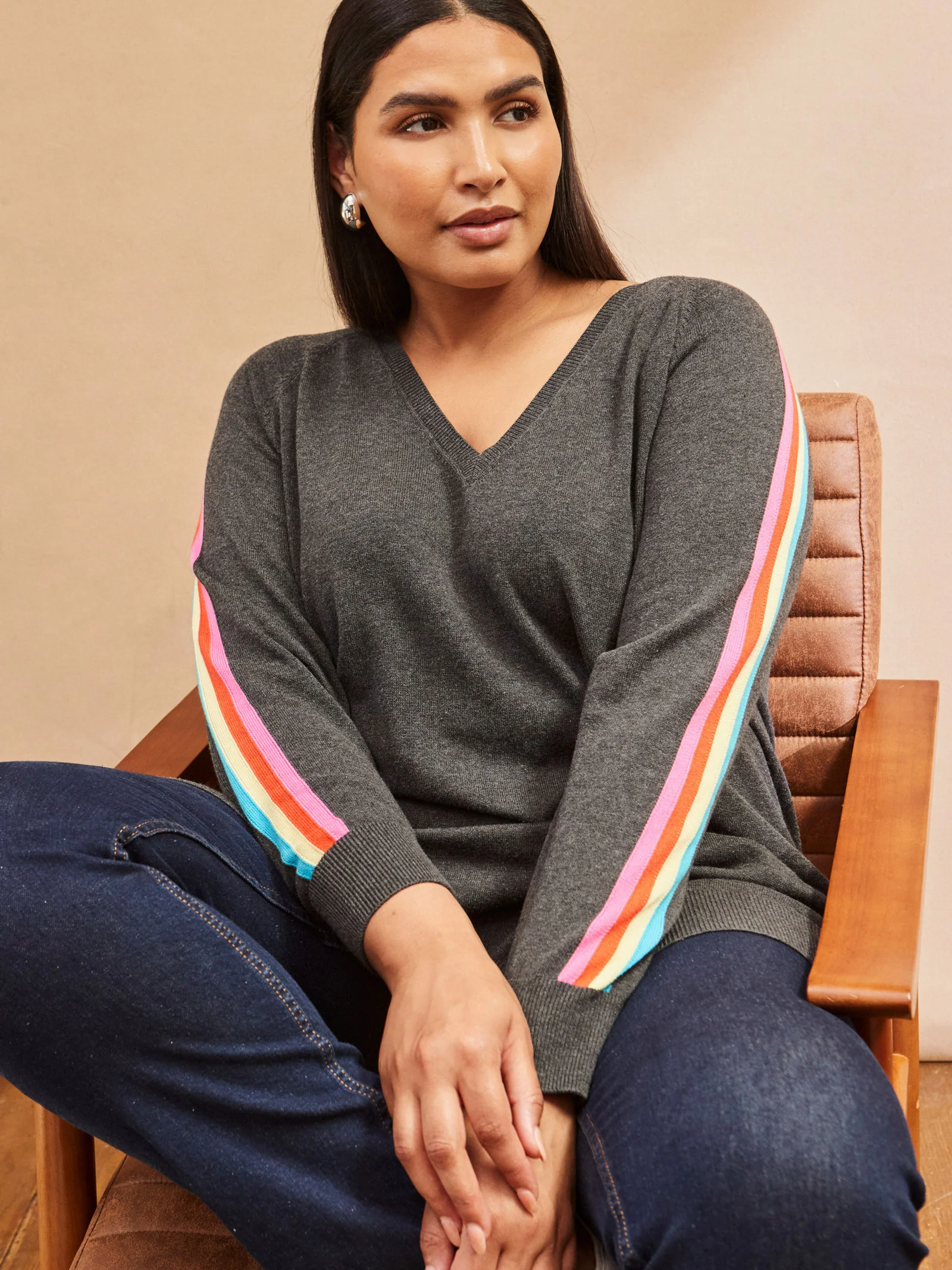 Grey Knit V-Neck Contrast Stripe Jumper - Image 3