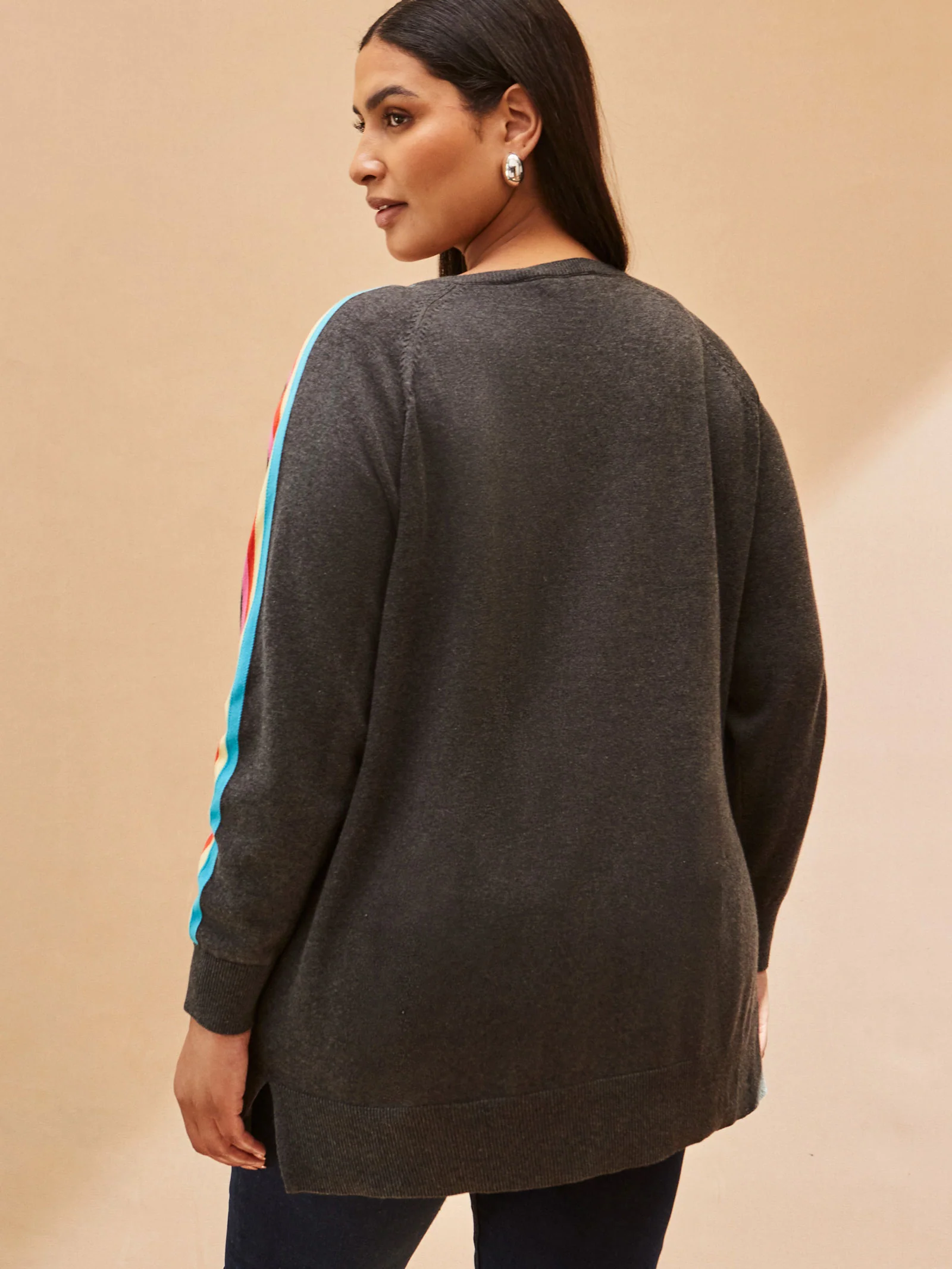 Grey Knit V-Neck Contrast Stripe Jumper - Image 4