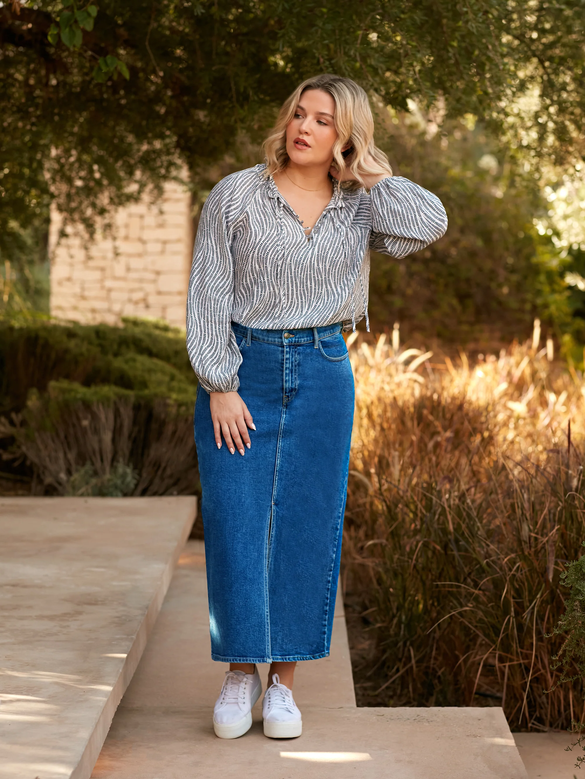 Grey Leaf Print Shirred Neck Blouse - Image 2