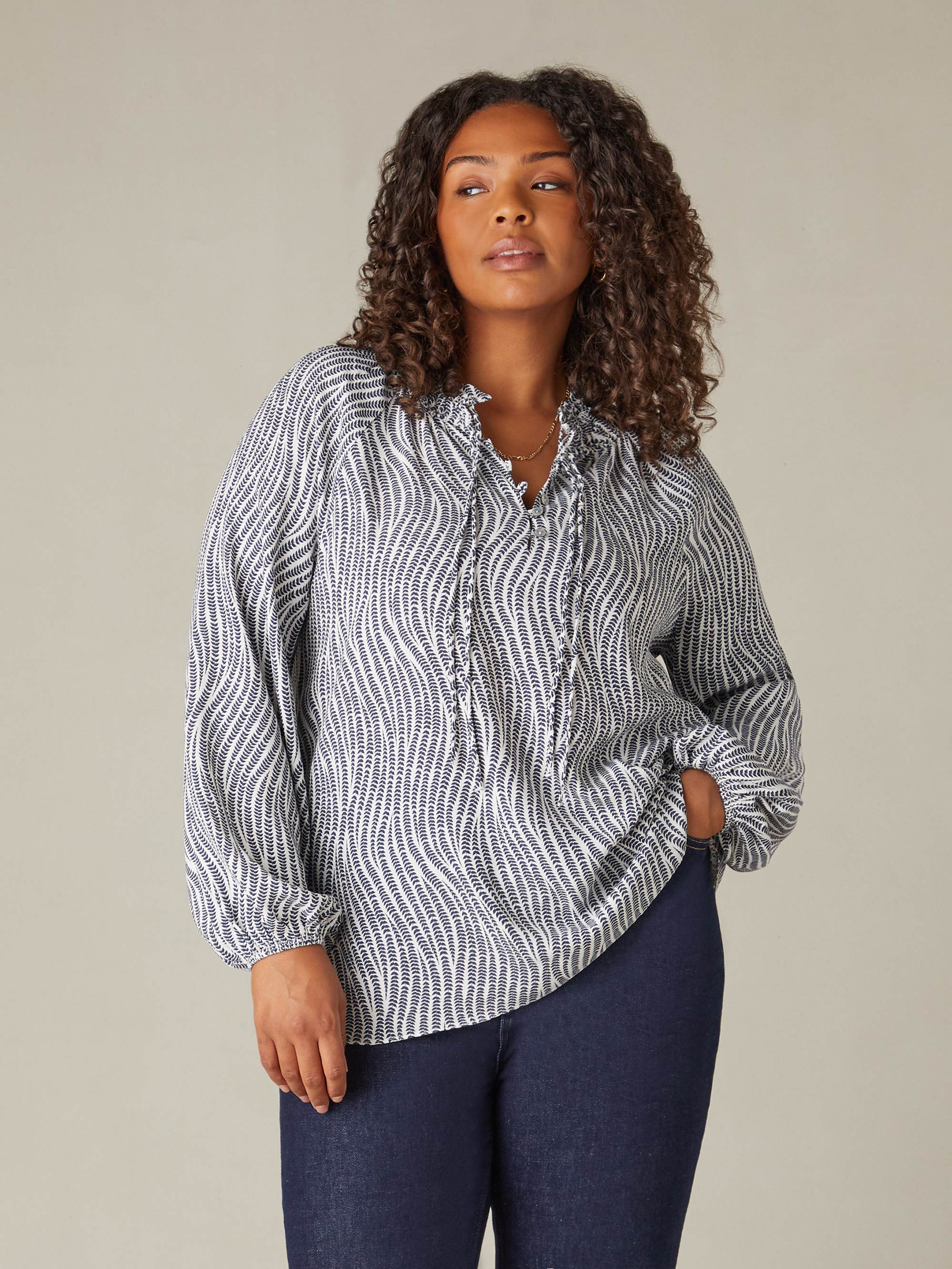Grey Leaf Print Shirred Neck Blouse - Image 3