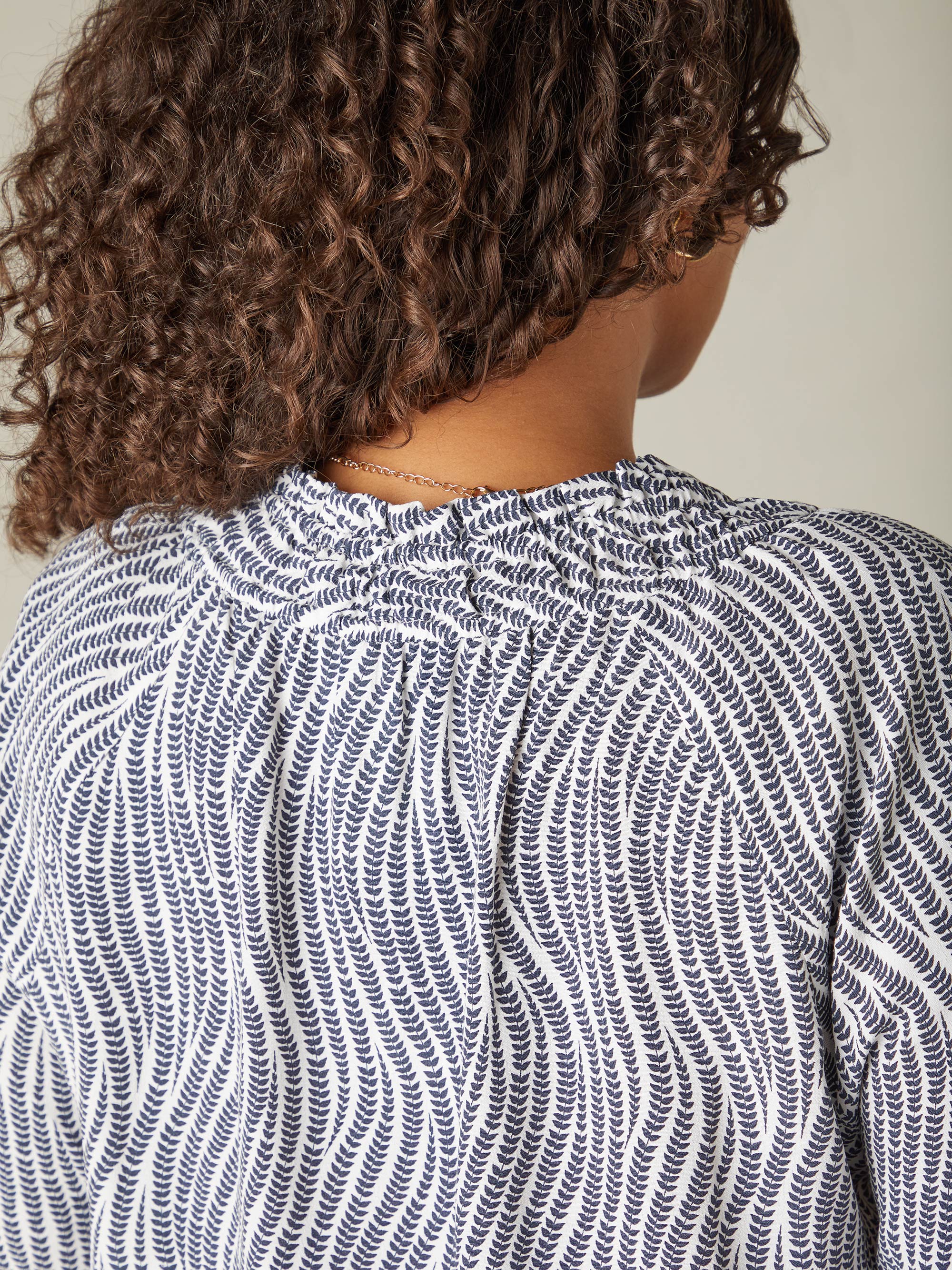 Grey Leaf Print Shirred Neck Blouse - Image 5