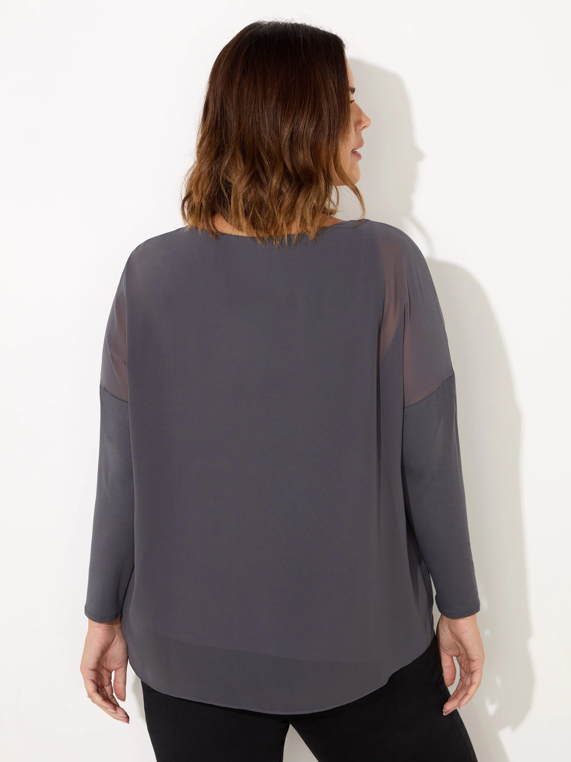 Grey Overlay Chiffon Top With Jersey Sleeves - Image 3