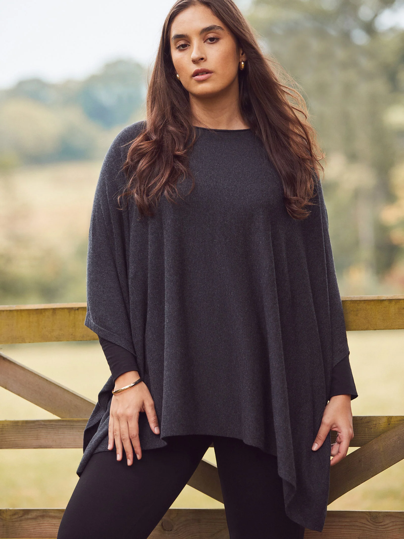 Grey Cashmere-Blend Knit Poncho - Image 2