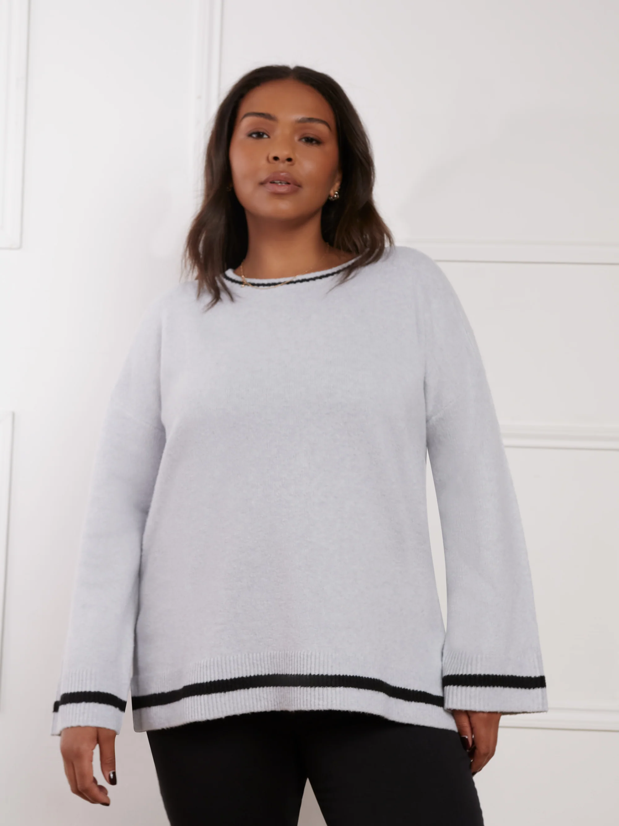 Grey Round Neck Contrast Stripe Jumper - Image 2