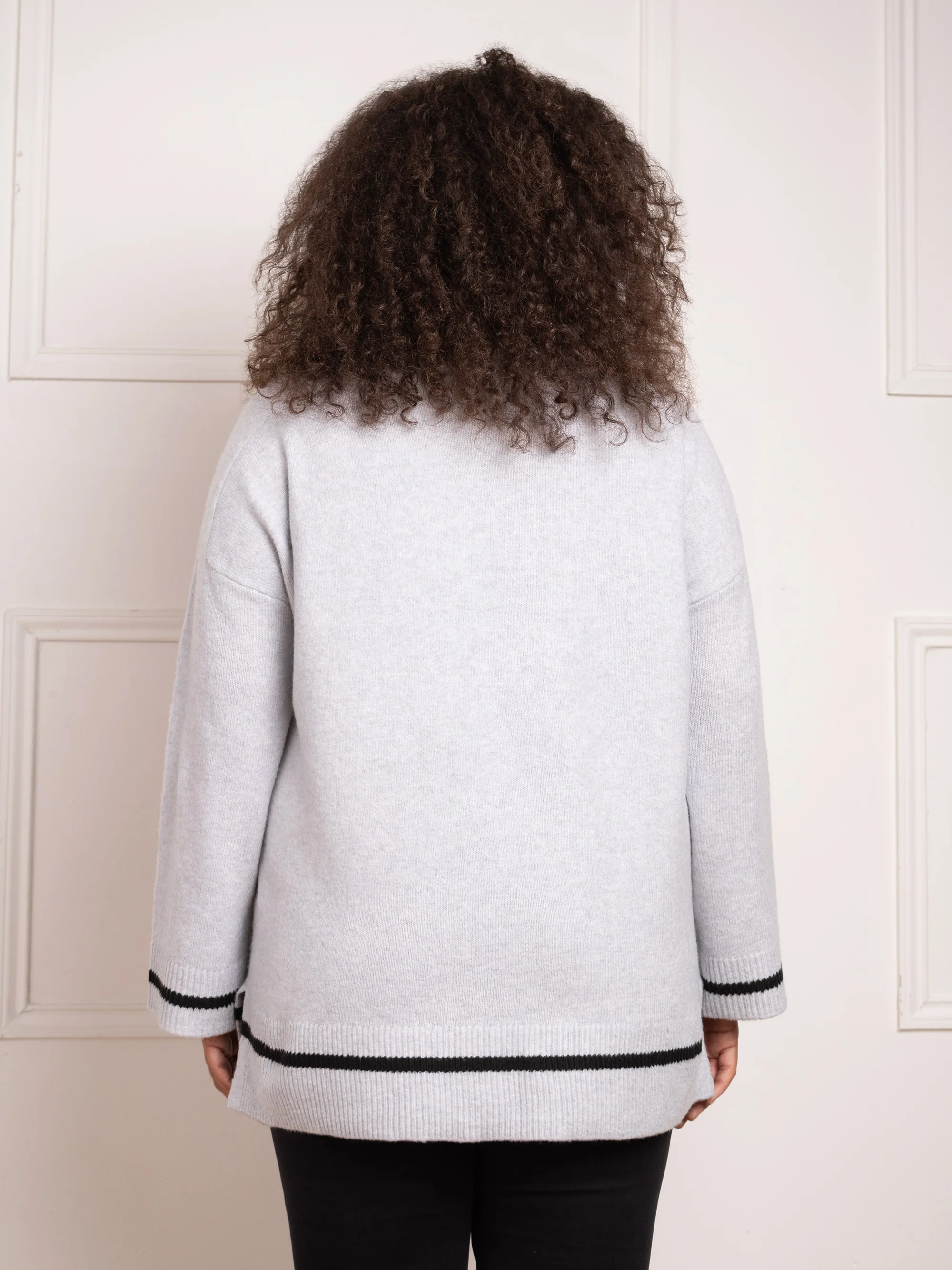 Grey Round Neck Contrast Stripe Jumper - Image 4