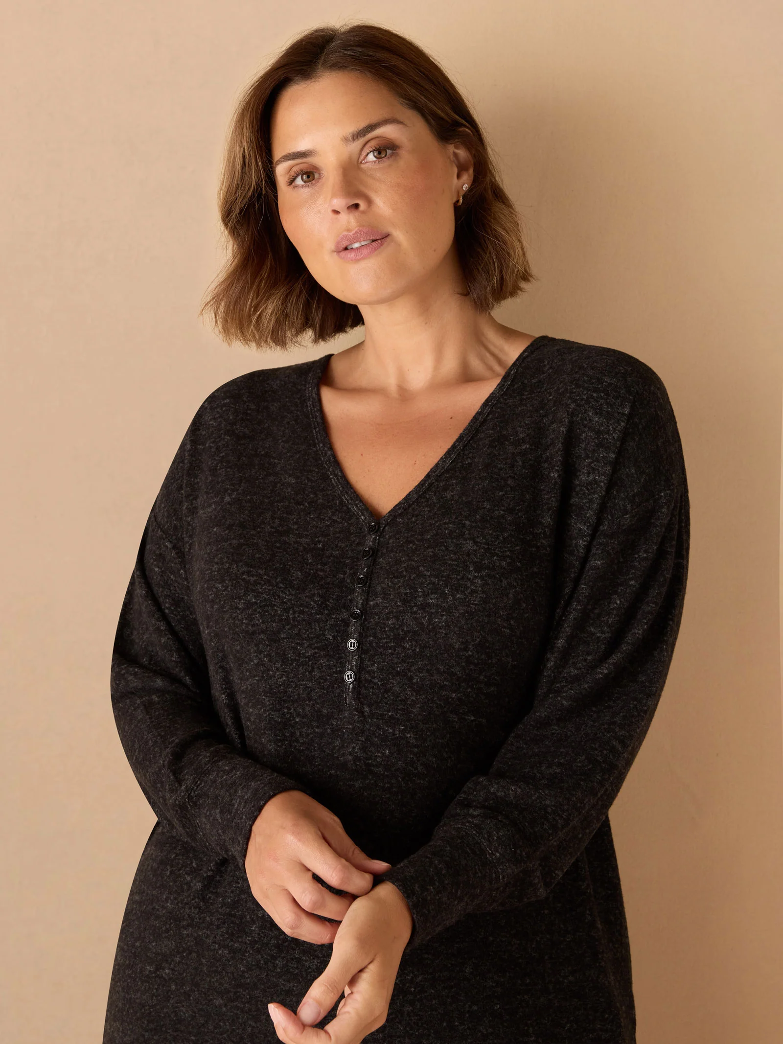 Grey Supersoft Henley Long Sleeve Top - Image 3