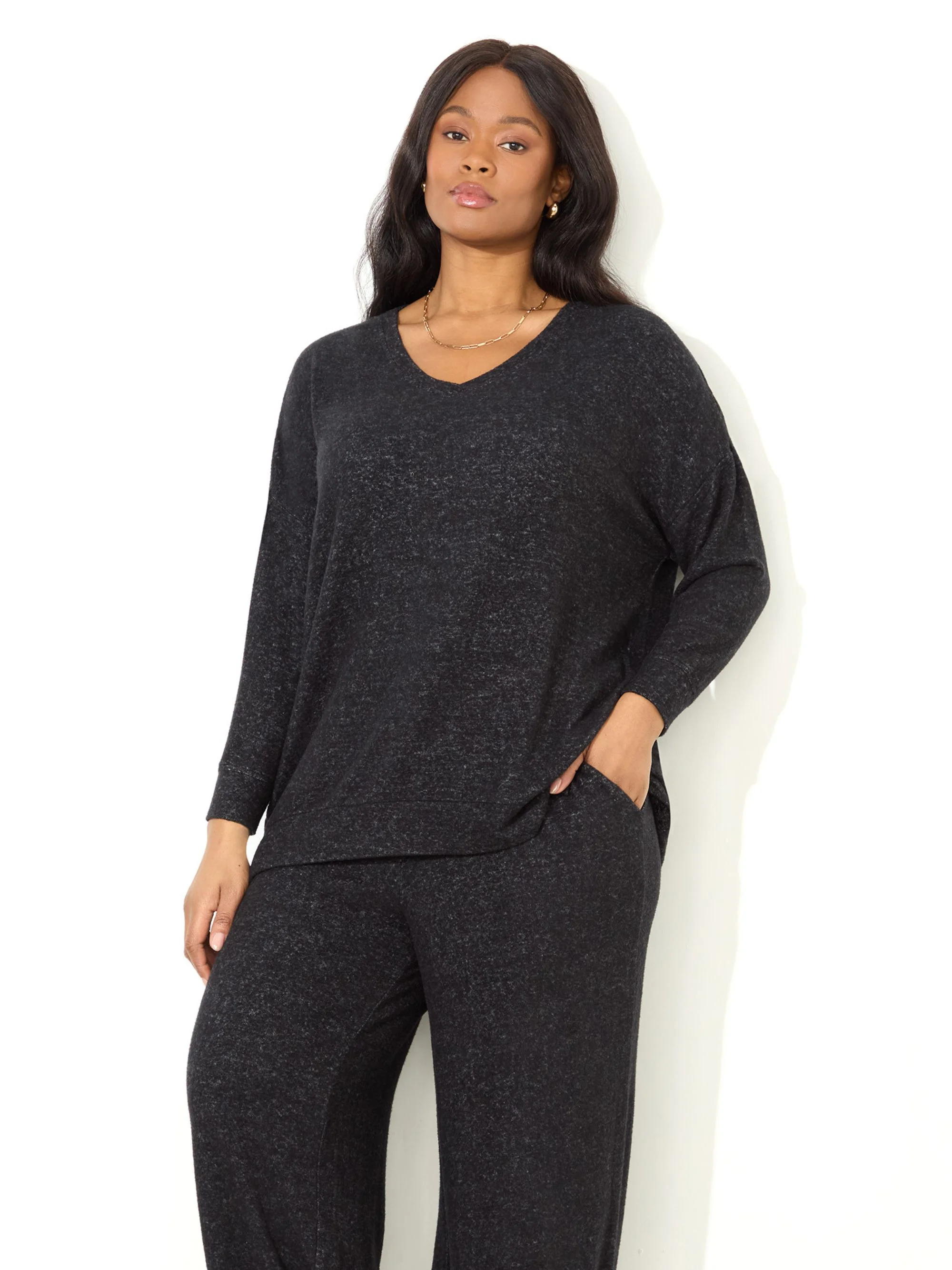 Grey Supersoft V-Neck Relaxed Longline Top - Image 2