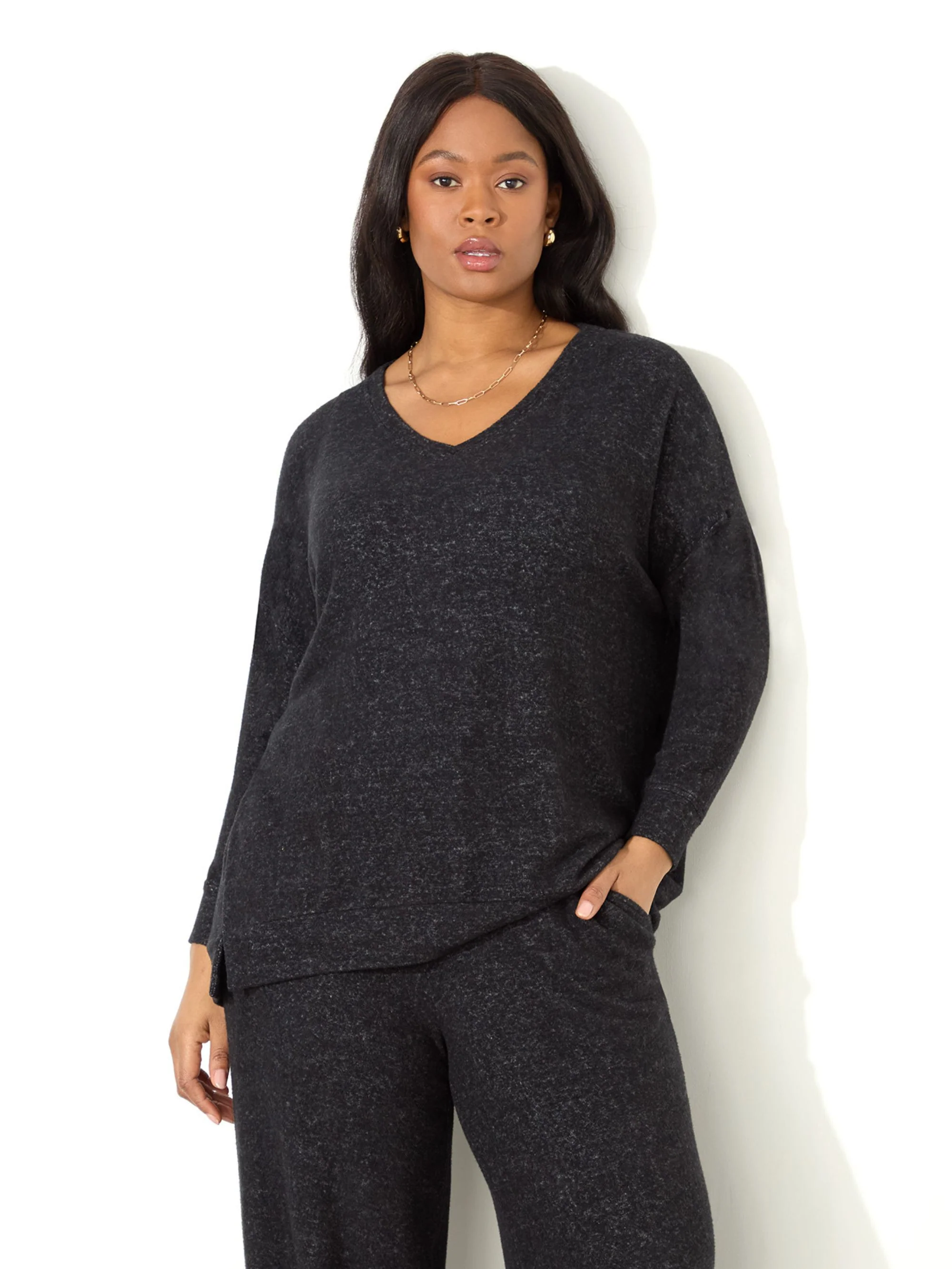 Grey Supersoft V-Neck Relaxed Longline Top - Image 4